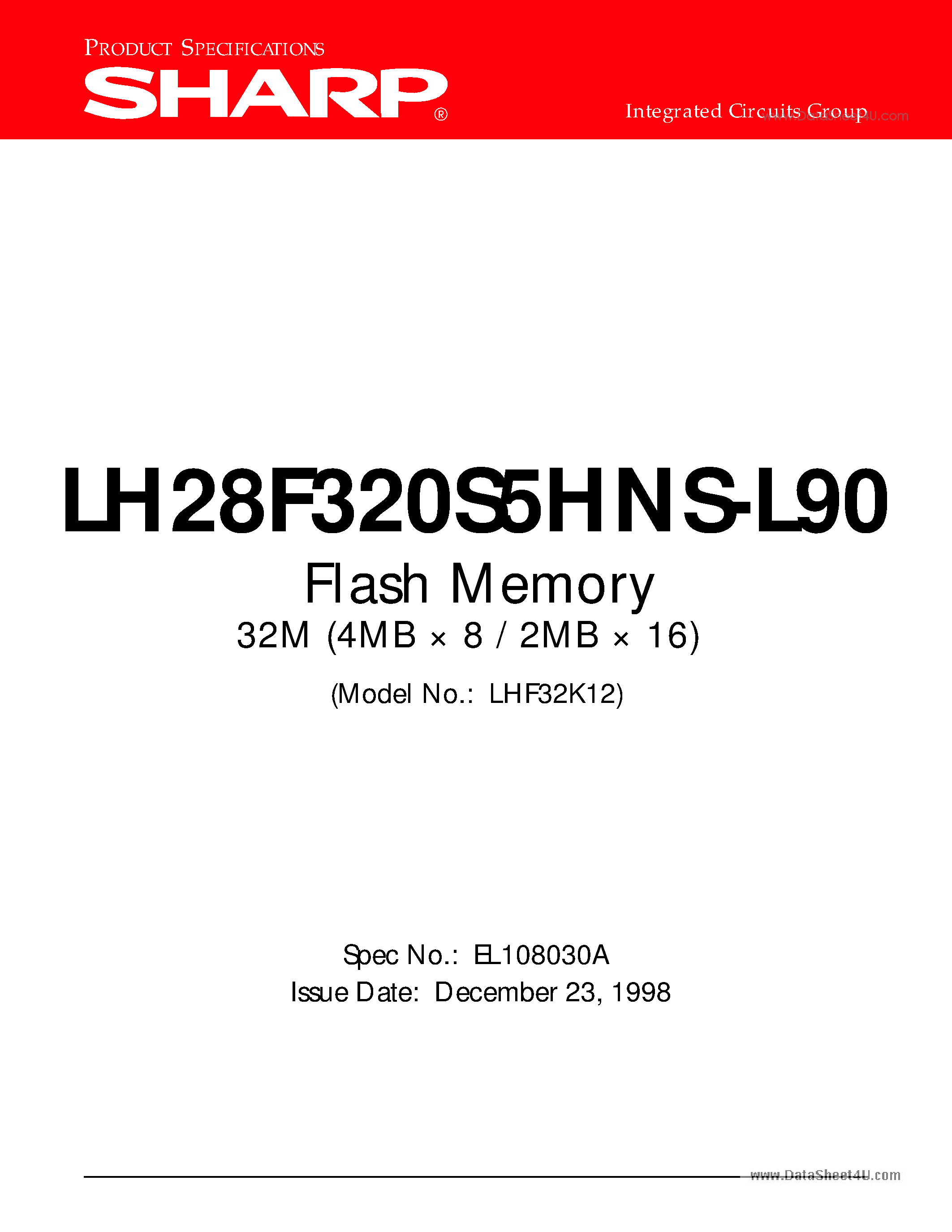 Datasheet LH28F320S5HNS-L90 - Flash Memory 32M (4MB x 8 / 2MB x 16) page 1