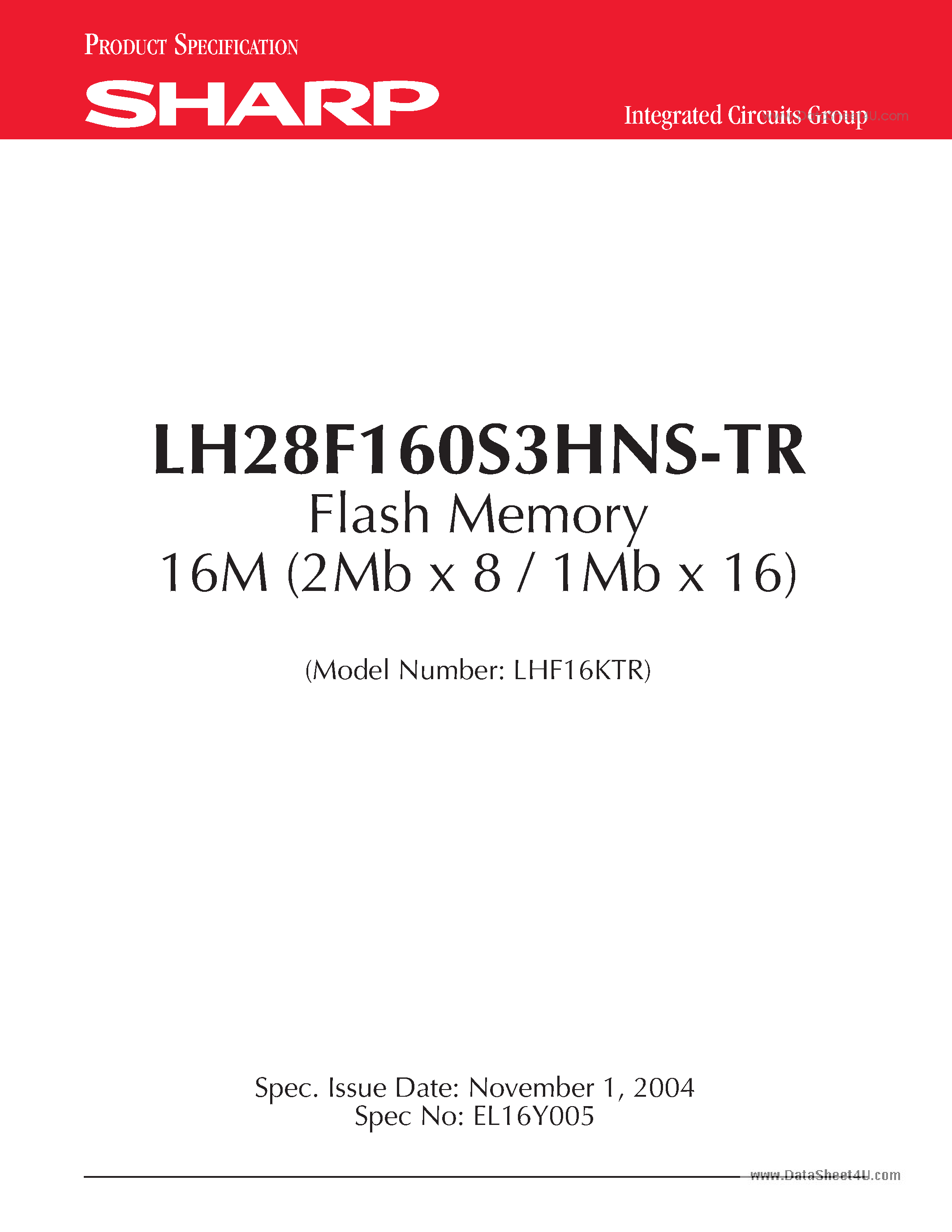 Datasheet LH28F160S3HNS-TR - Flash Memory 16M (2Mb x 8 / 1Mb x 16) page 1