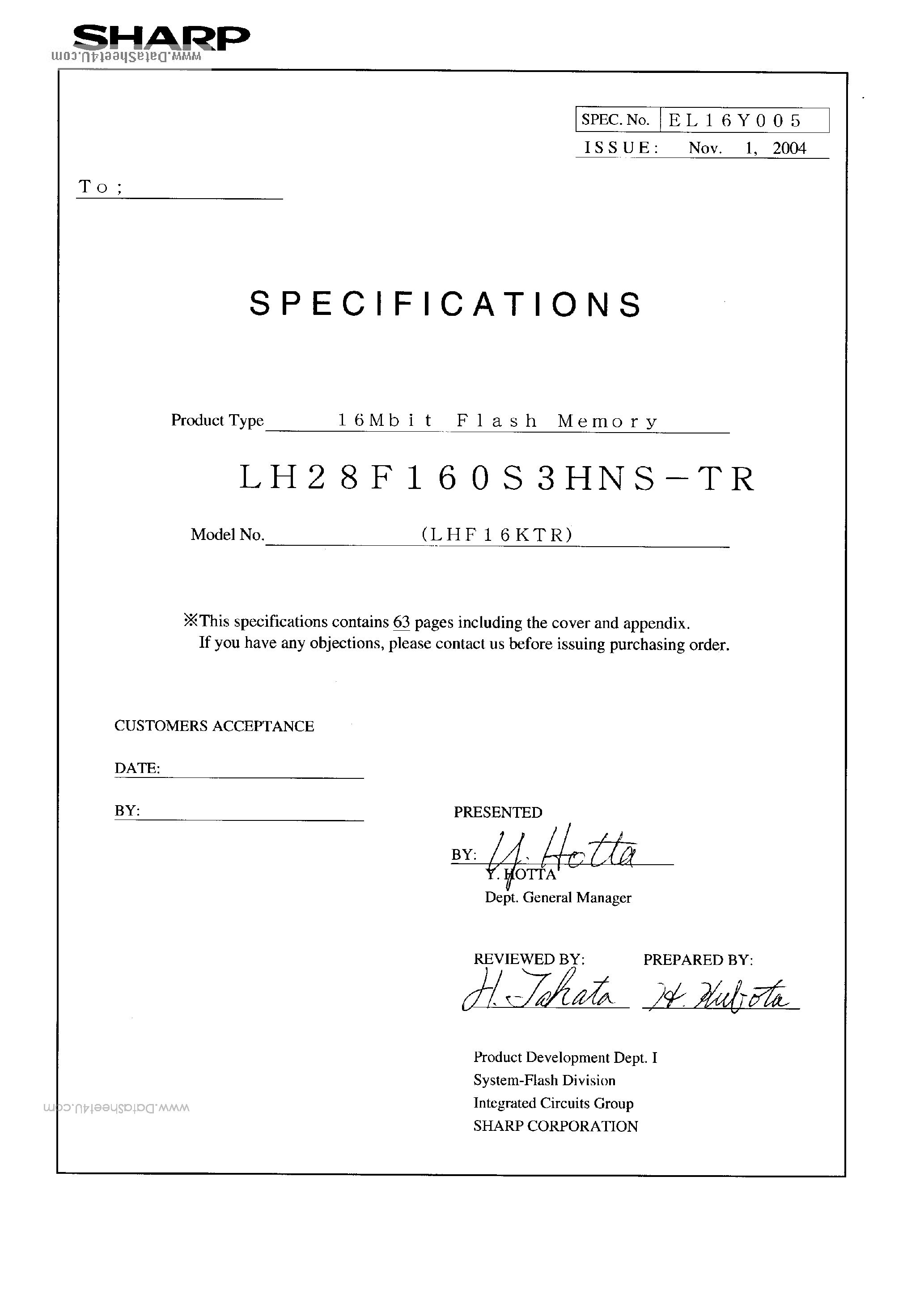 Datasheet LH28F160S3HNS-TR - Flash Memory 16M (2Mb x 8 / 1Mb x 16) page 2