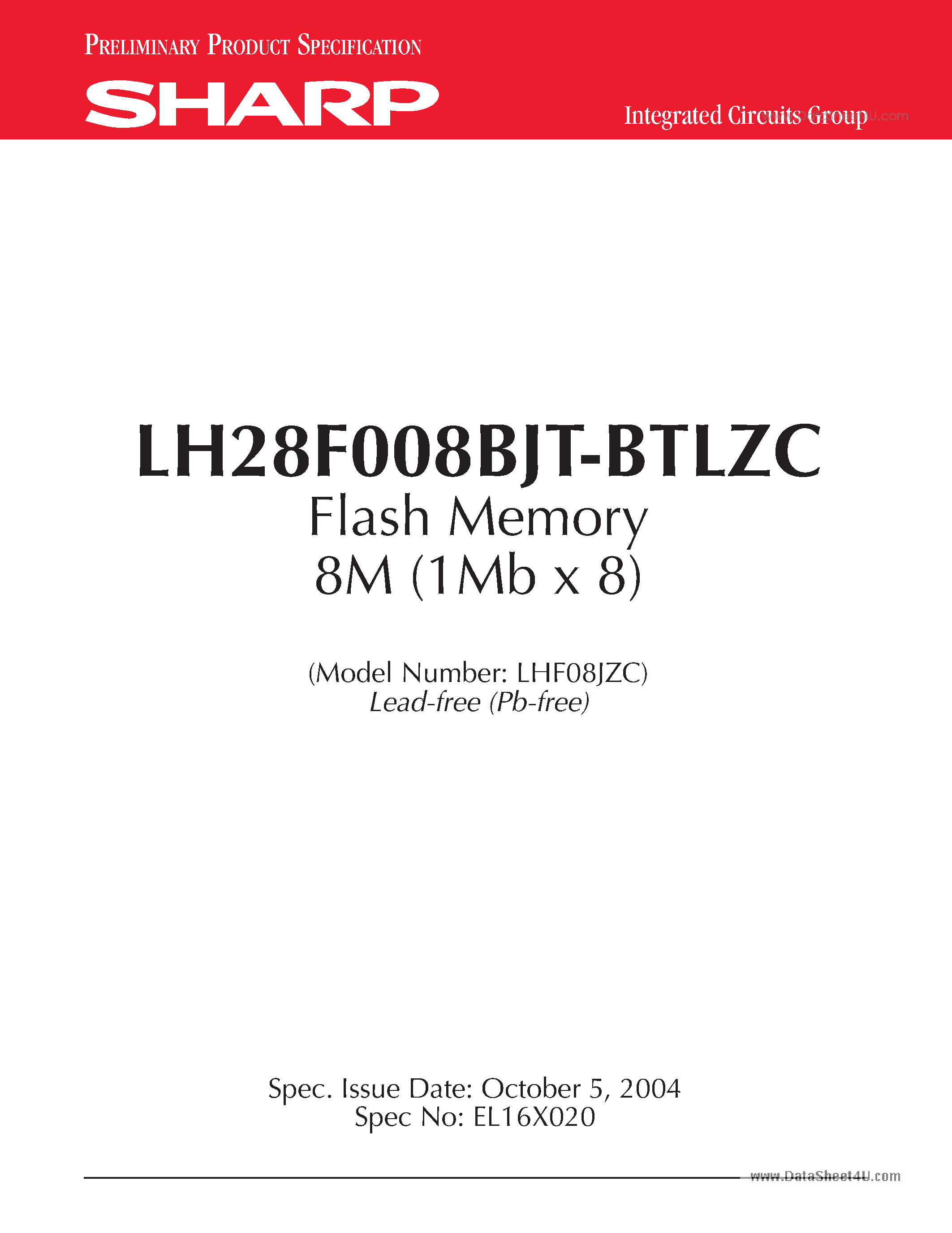 Даташит LH28F008BJT-BTLZC - Flash Memory 8M (1Mb x 8) страница 1