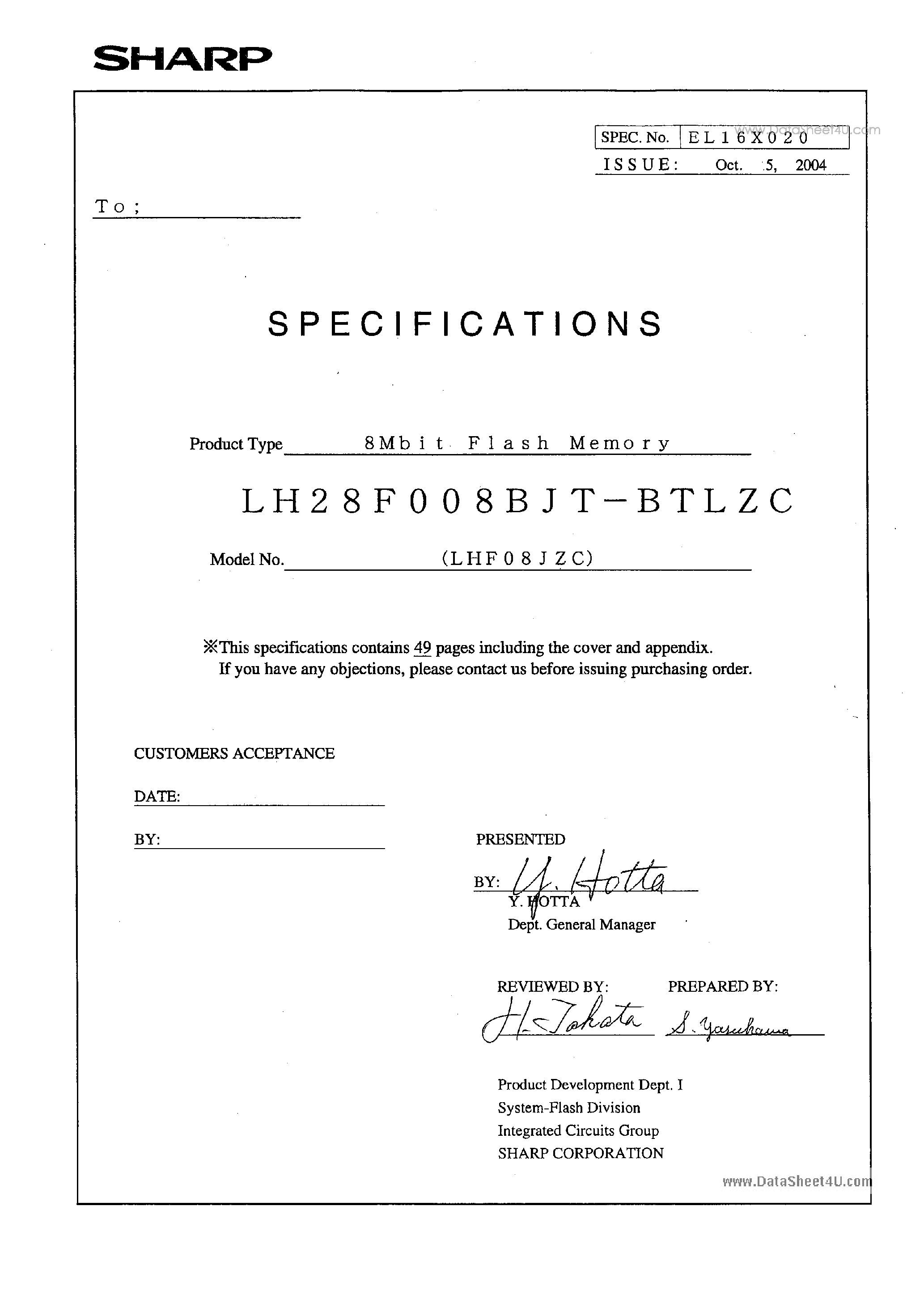 Даташит LH28F008BJT-BTLZC - Flash Memory 8M (1Mb x 8) страница 2