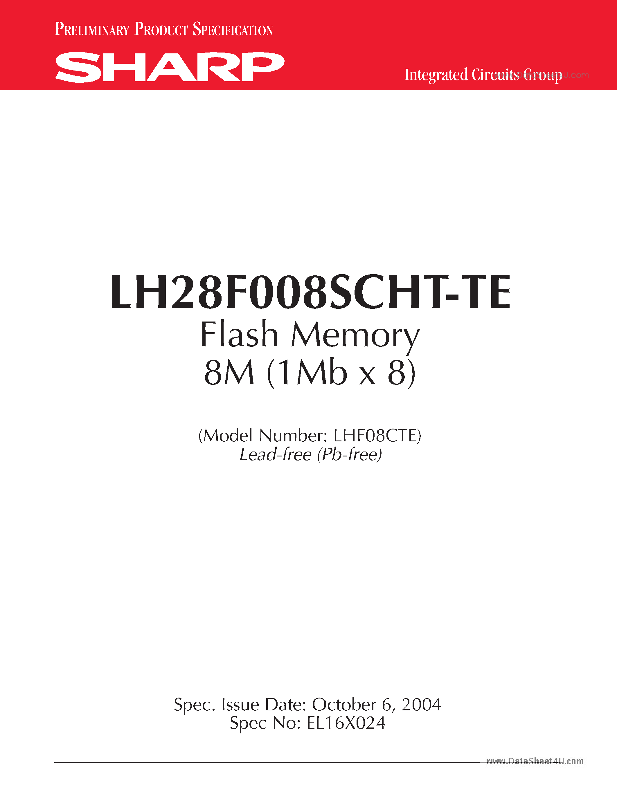 Даташит LH28F008SCHT-TE - Flash Memory 8M (1Mb x 8) страница 1