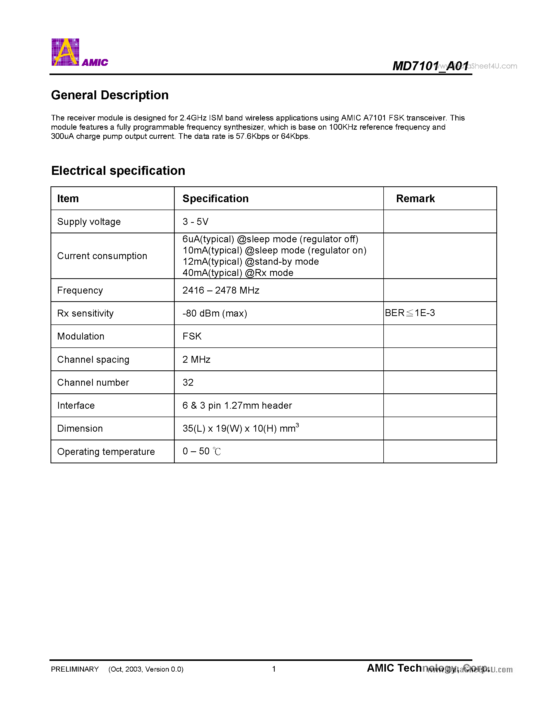 Datasheet MD7101_A01 - 2.4GHz FSK Receiver page 2