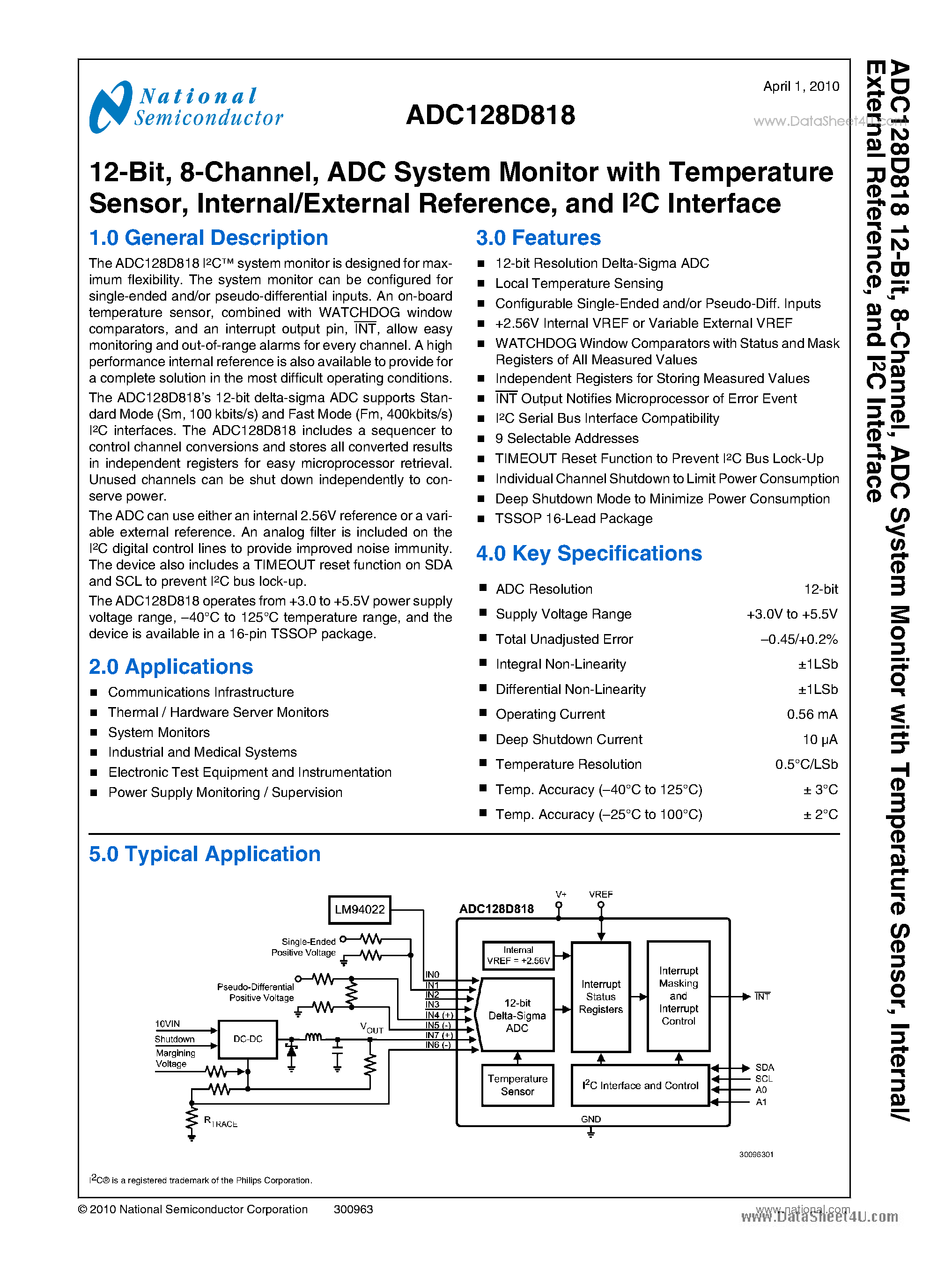 Даташит на микросхему ADC128D818 страница 1 Даташит ADC128D818 - ADC System Monitor страница 1