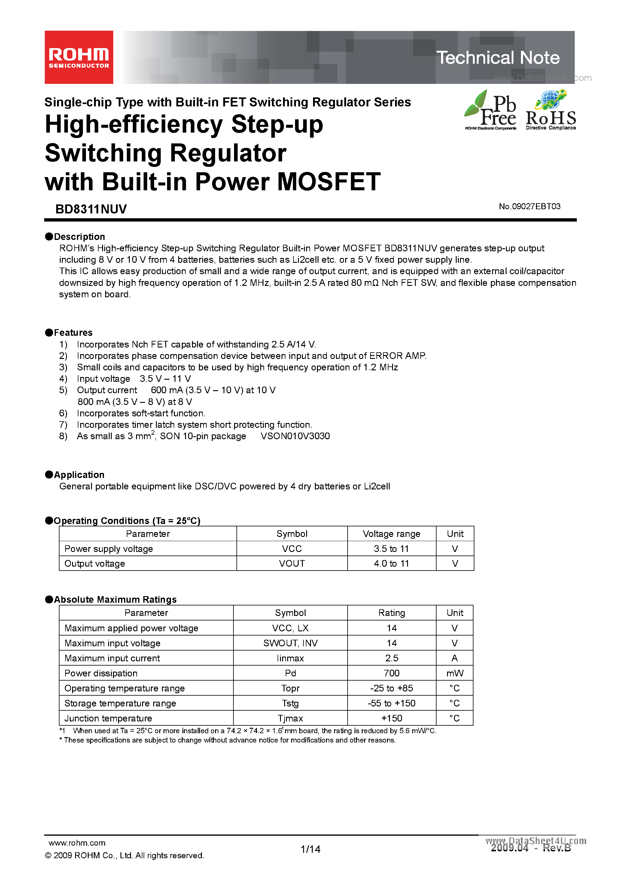 Даташит на микросхему BD8311NUV страница 1 Даташит BD8311NUV - High-efficiency Step-up Switching Regulator страница 1