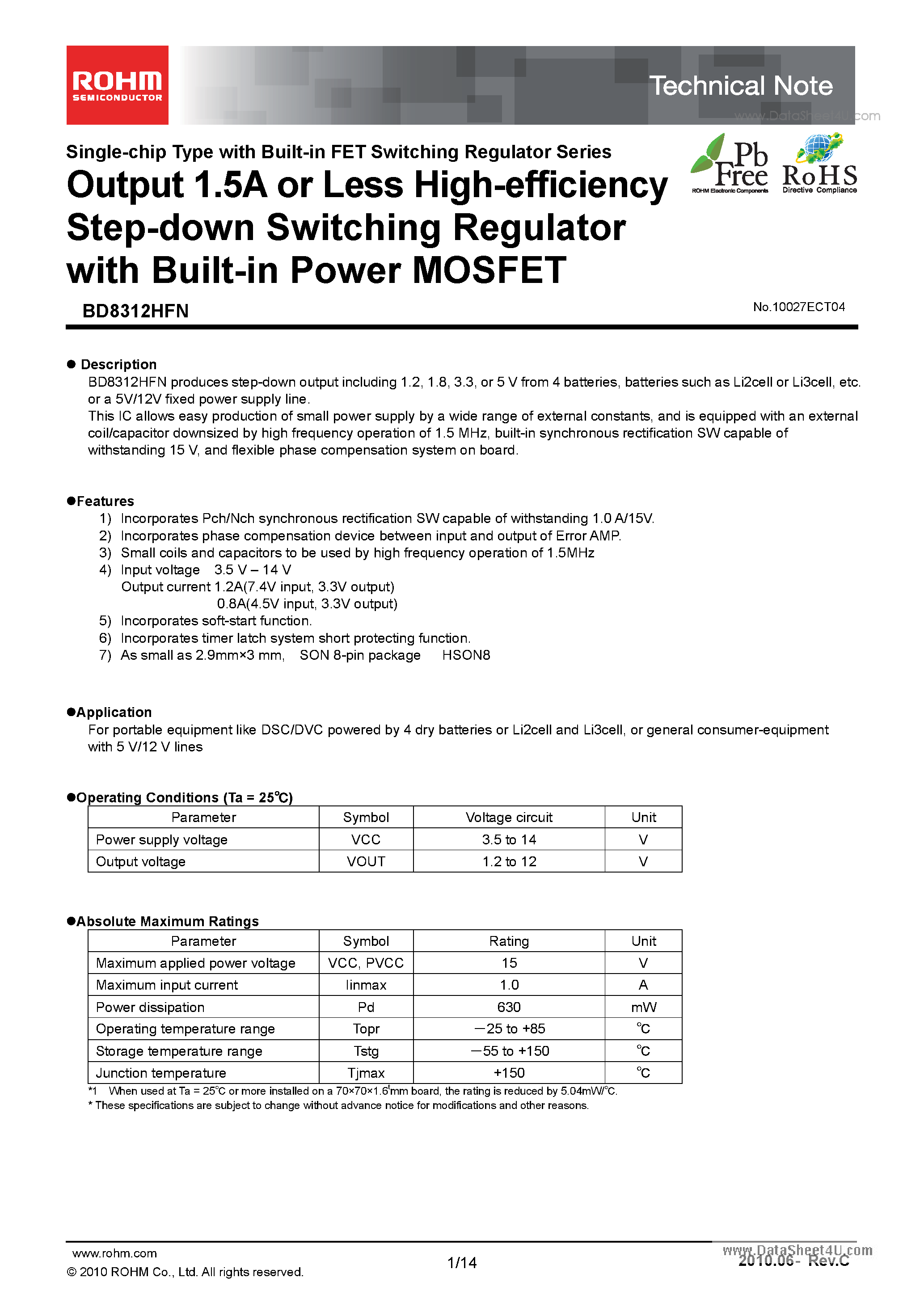 Даташит на микросхему BD8312HFN страница 1 Даташит BD8312HFN - Output 1.5A or Less High-efficiency Step-down Switching Regulator страница 1