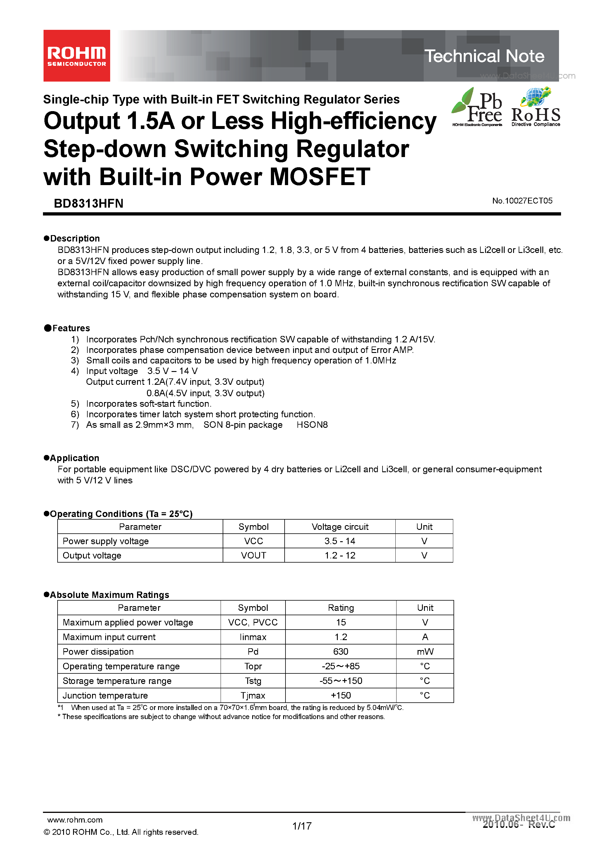 Даташит на микросхему BD8313HFN страница 1 Даташит BD8313HFN - Output 1.5A or Less High-efficiency Step-down Switching Regulator страница 1