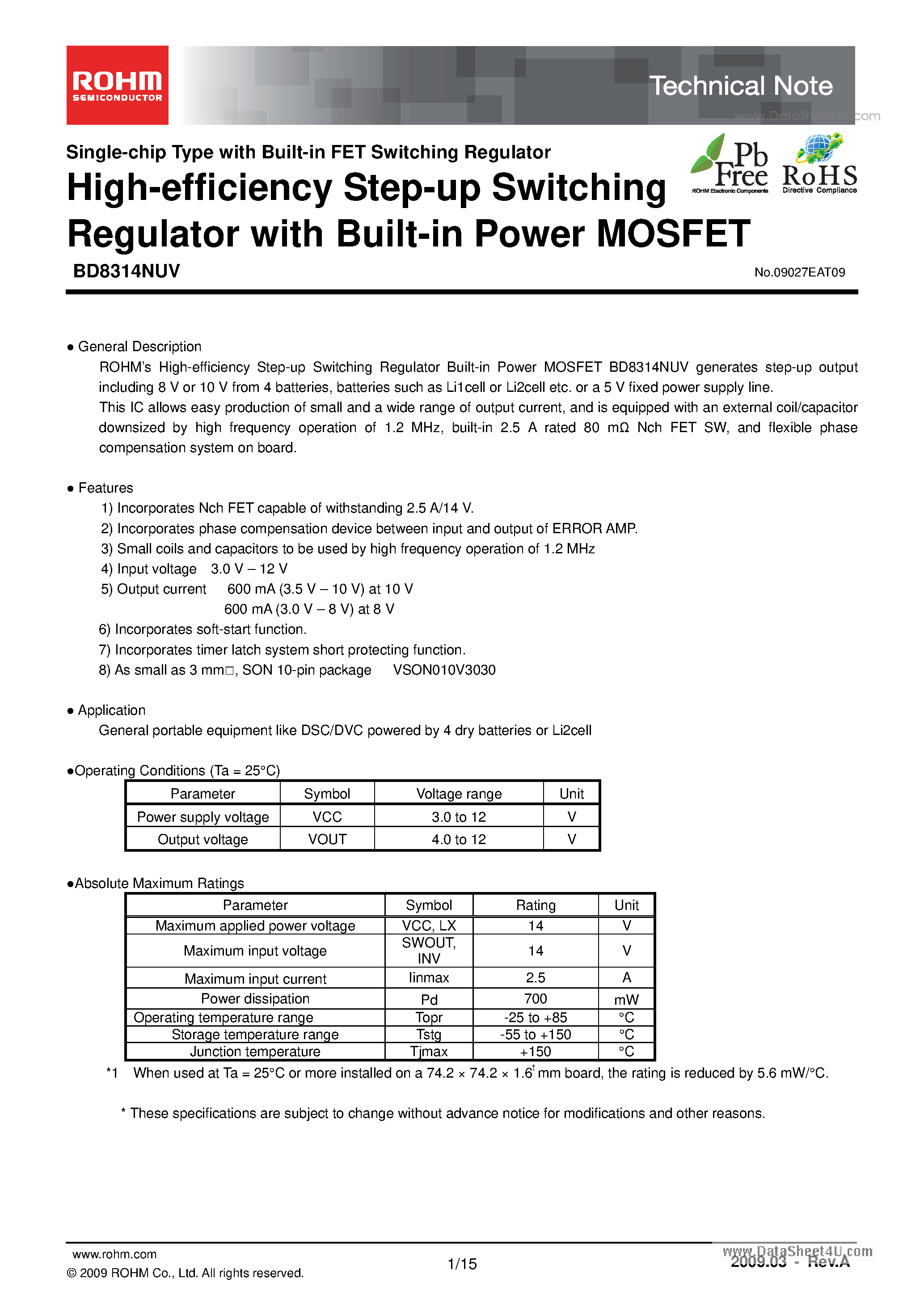 Даташит на микросхему BD8314NUV страница 1 Даташит BD8314NUV - High-efficiency Step-up Switching Regulator страница 1