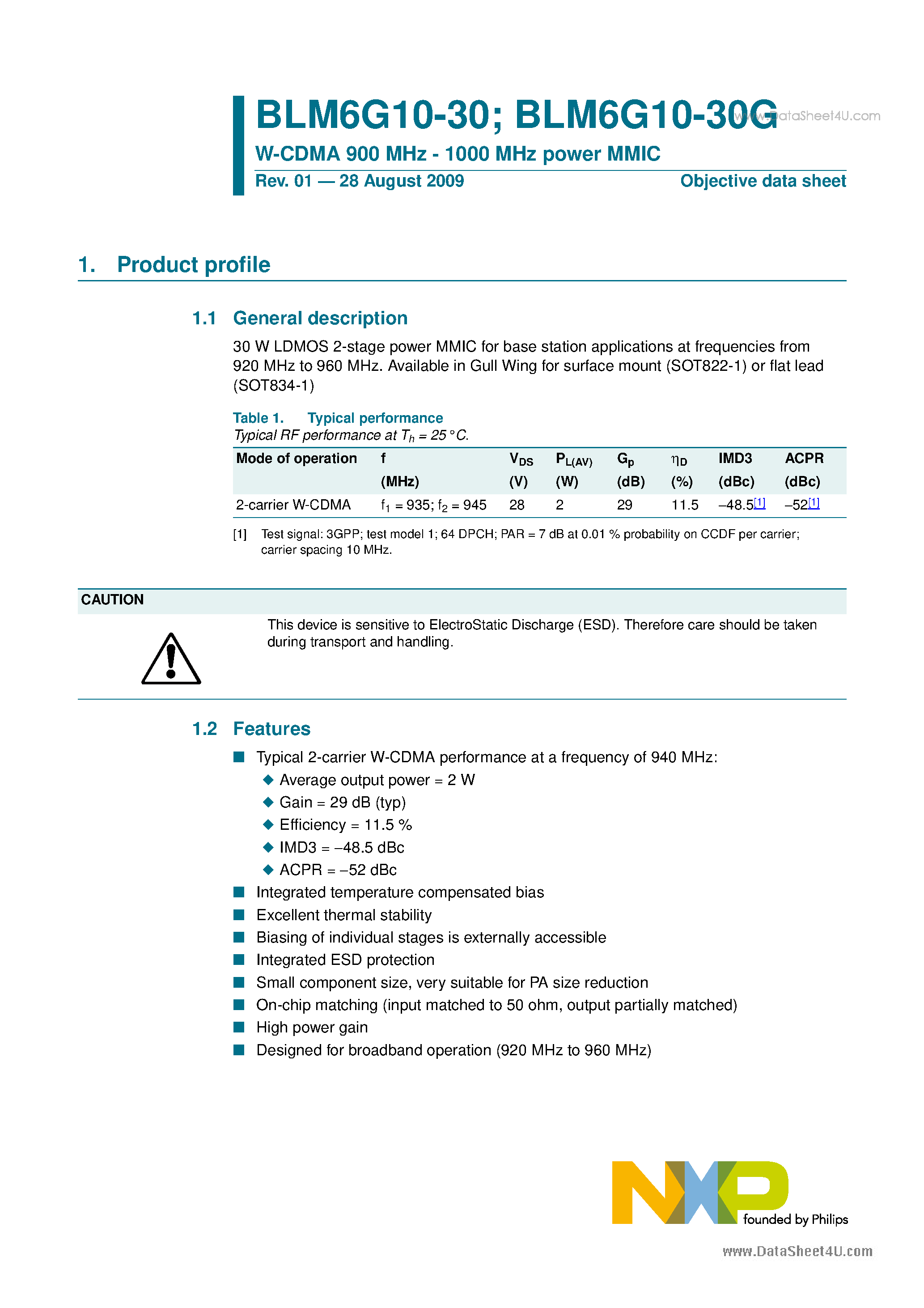 Datasheet BLM6G10-30 - W-CDMA 900 MHz - 1000 MHz power MMIC page 1