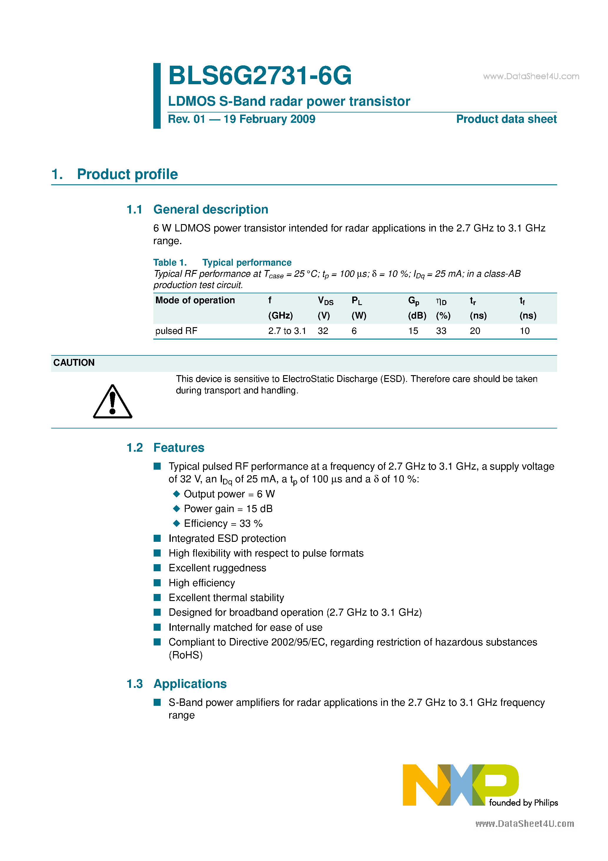 Datasheet BLS6G2731-6G - LDMOS S-Band radar power transistor page 1
