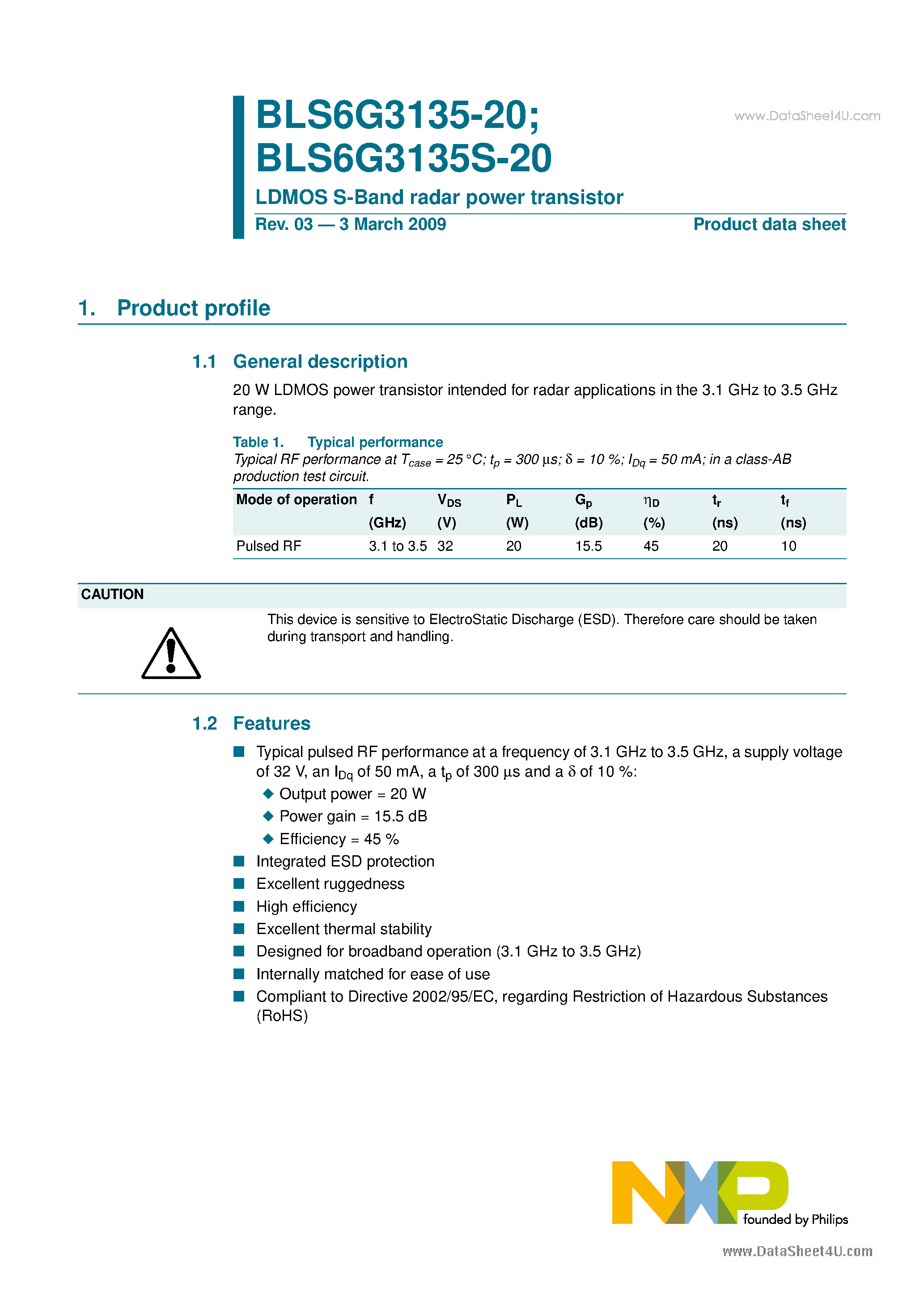 Datasheet BLS6G3135-20 - LDMOS S-Band radar power transistor page 1