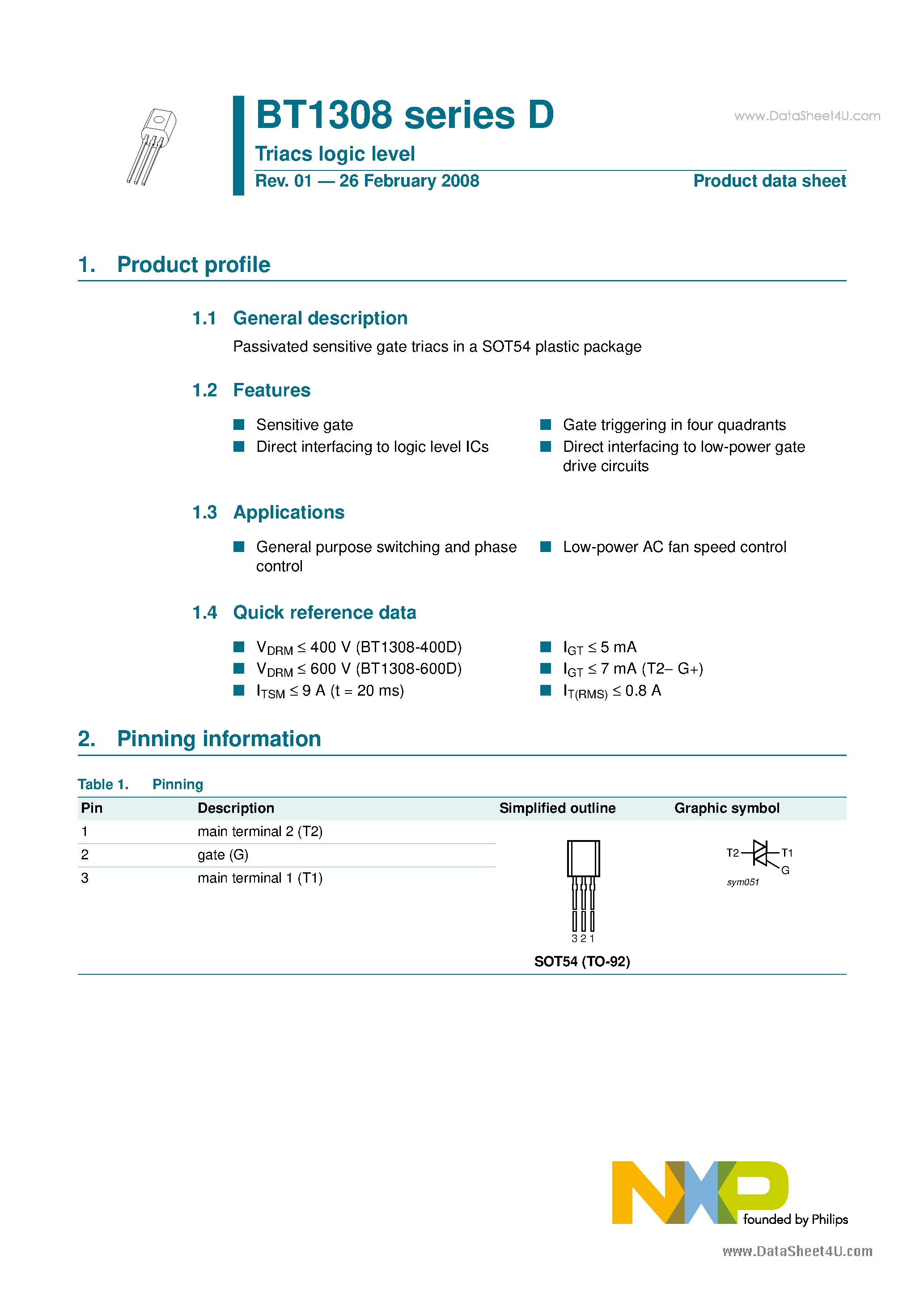 Datasheet BT1308 - Triacs logic level page 1