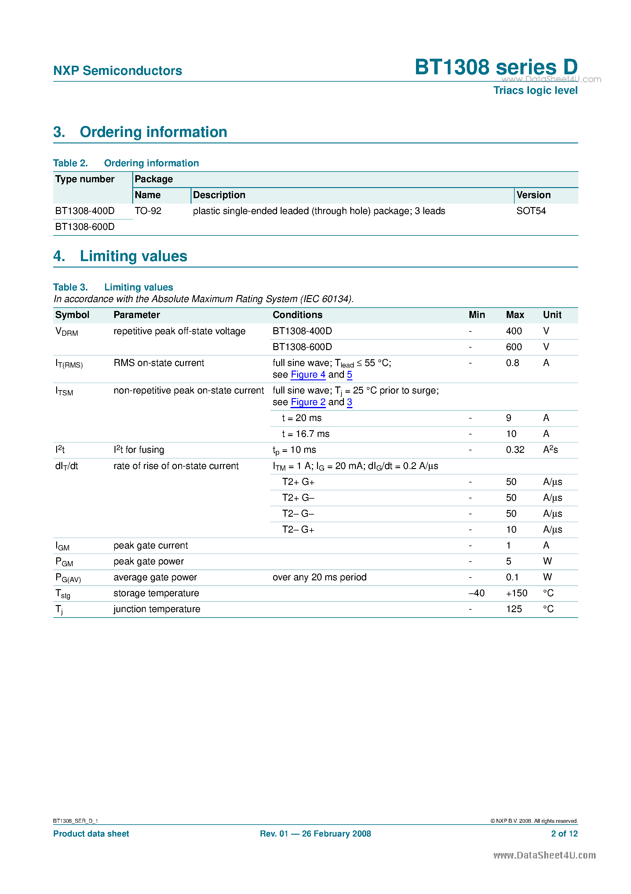 Datasheet BT1308 - Triacs logic level page 2