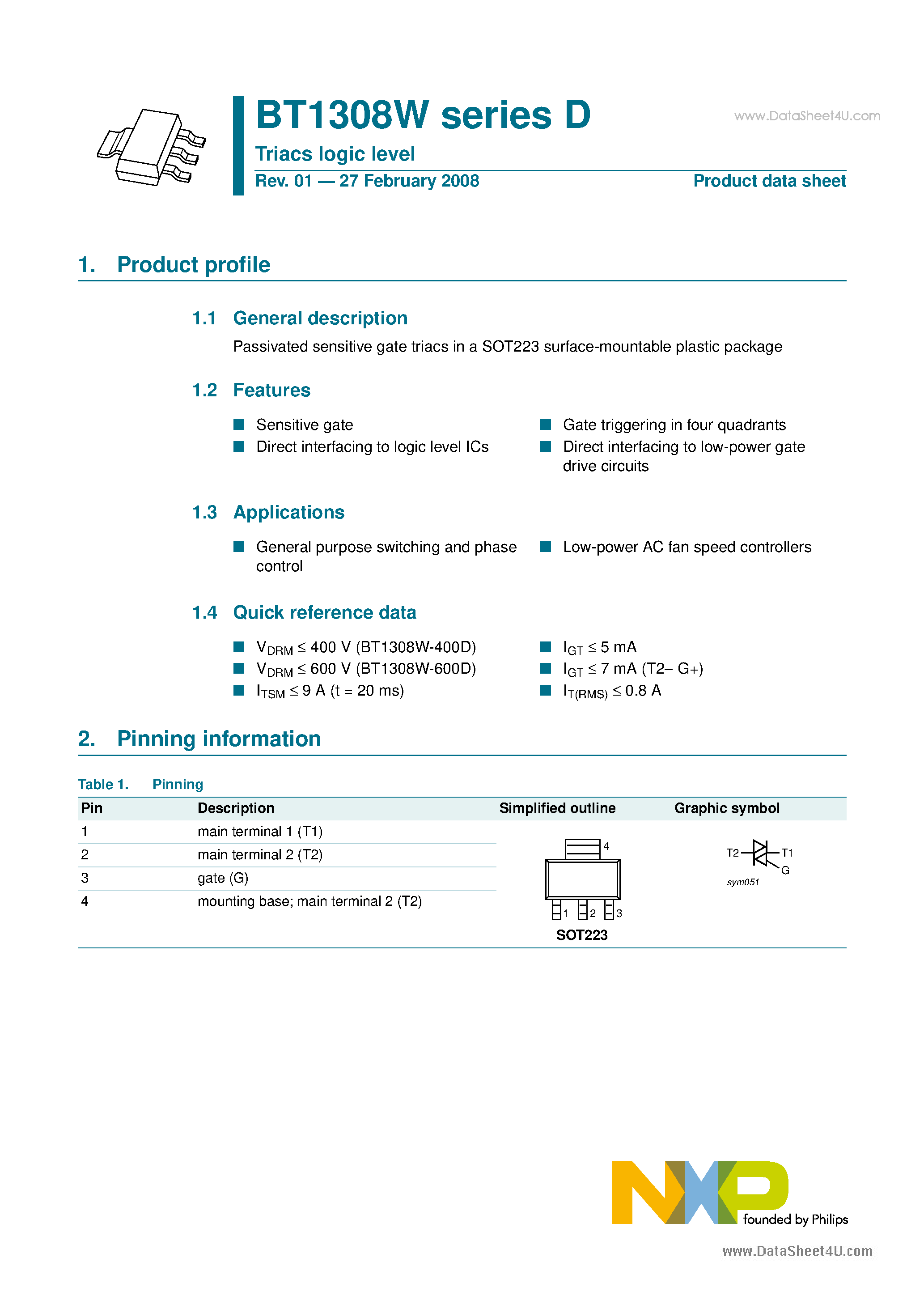 Datasheet BT1308W - Triacs logic level page 1