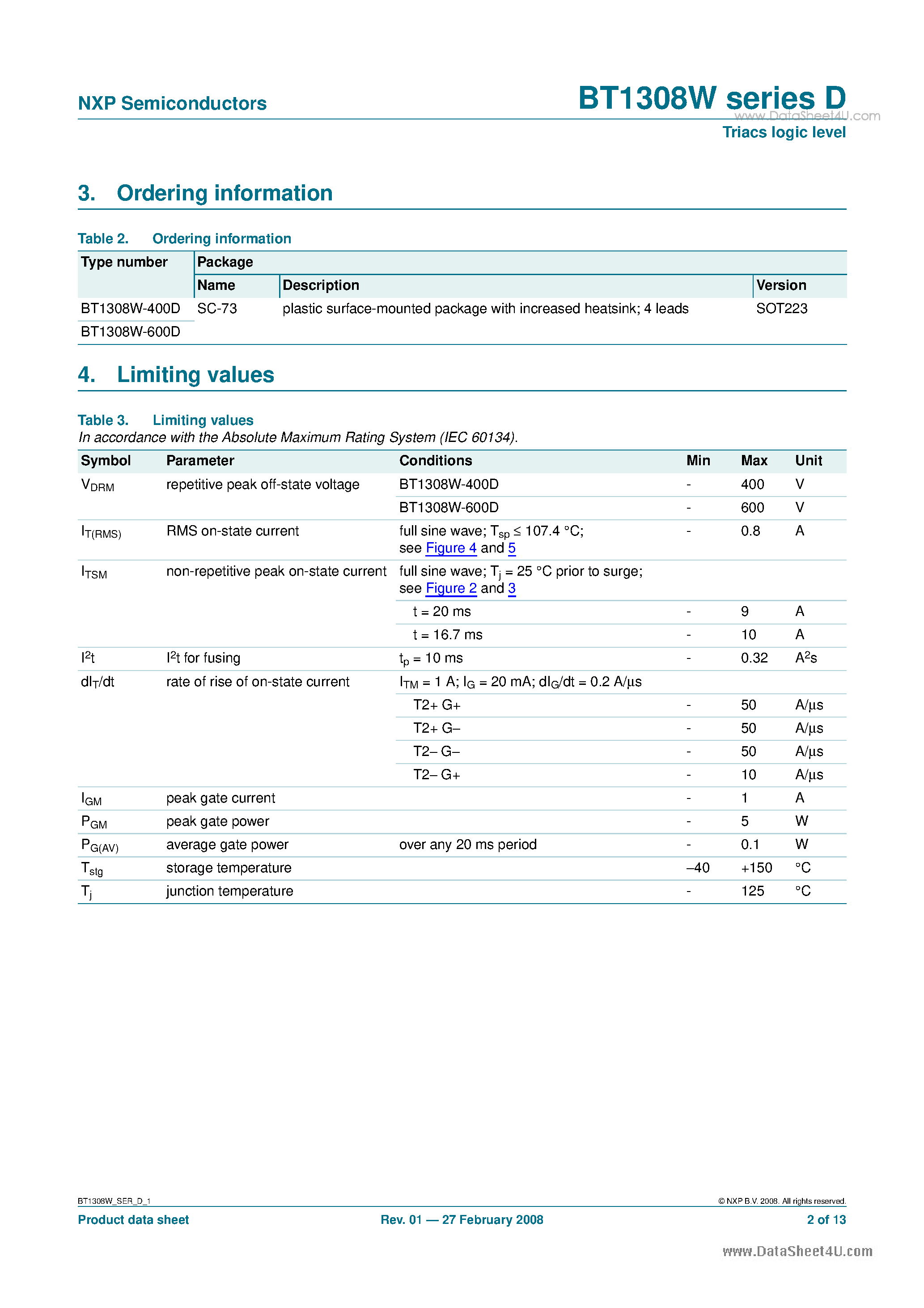 Datasheet BT1308W - Triacs logic level page 2