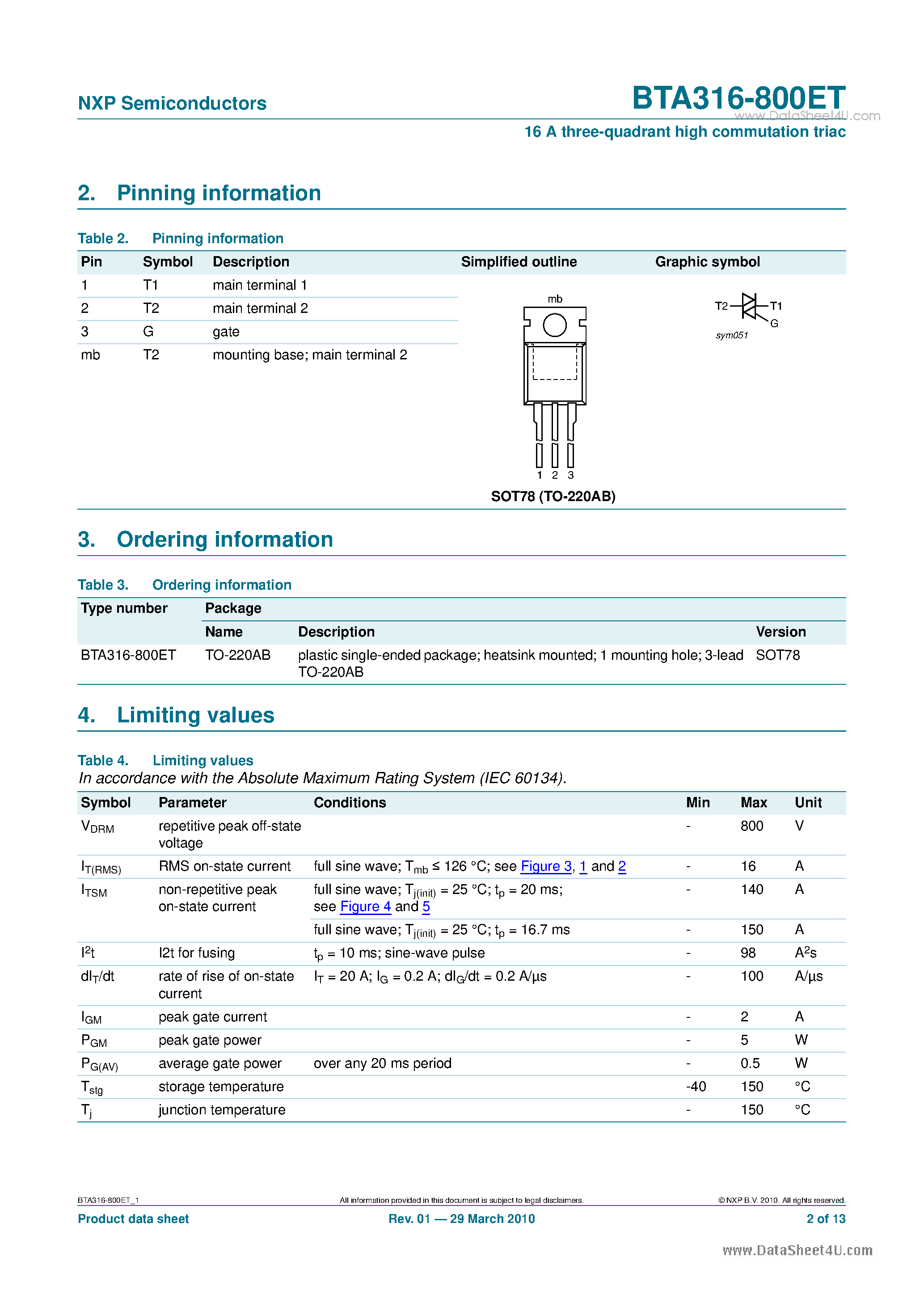 Datasheet BTA316-800ET page 2 Datasheet BTA316-800ET - 16 A three-quadrant high commutation triac page 2