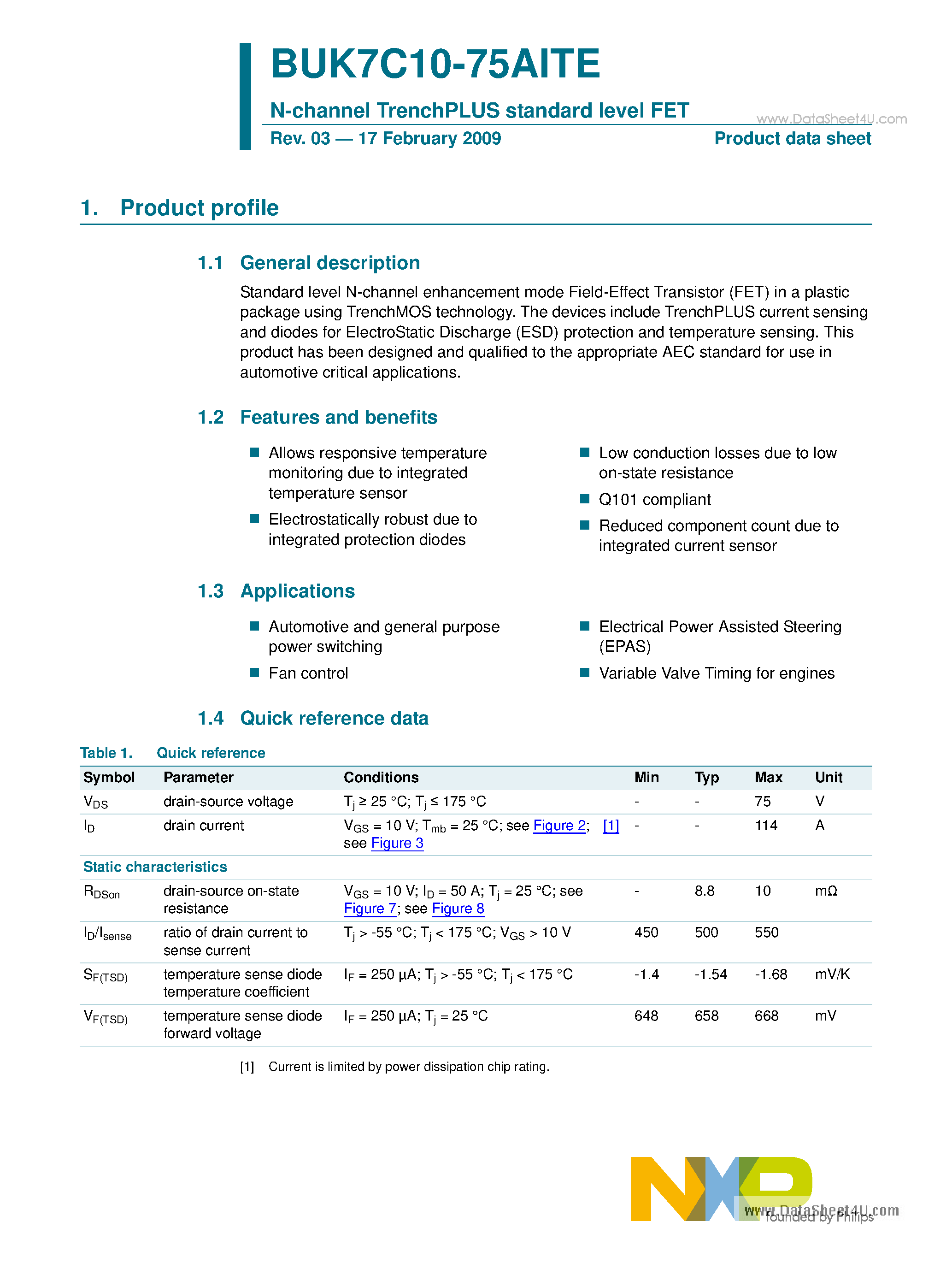Datasheet BUK7C10-75AITE - N-channel TrenchPLUS standard level FET page 1