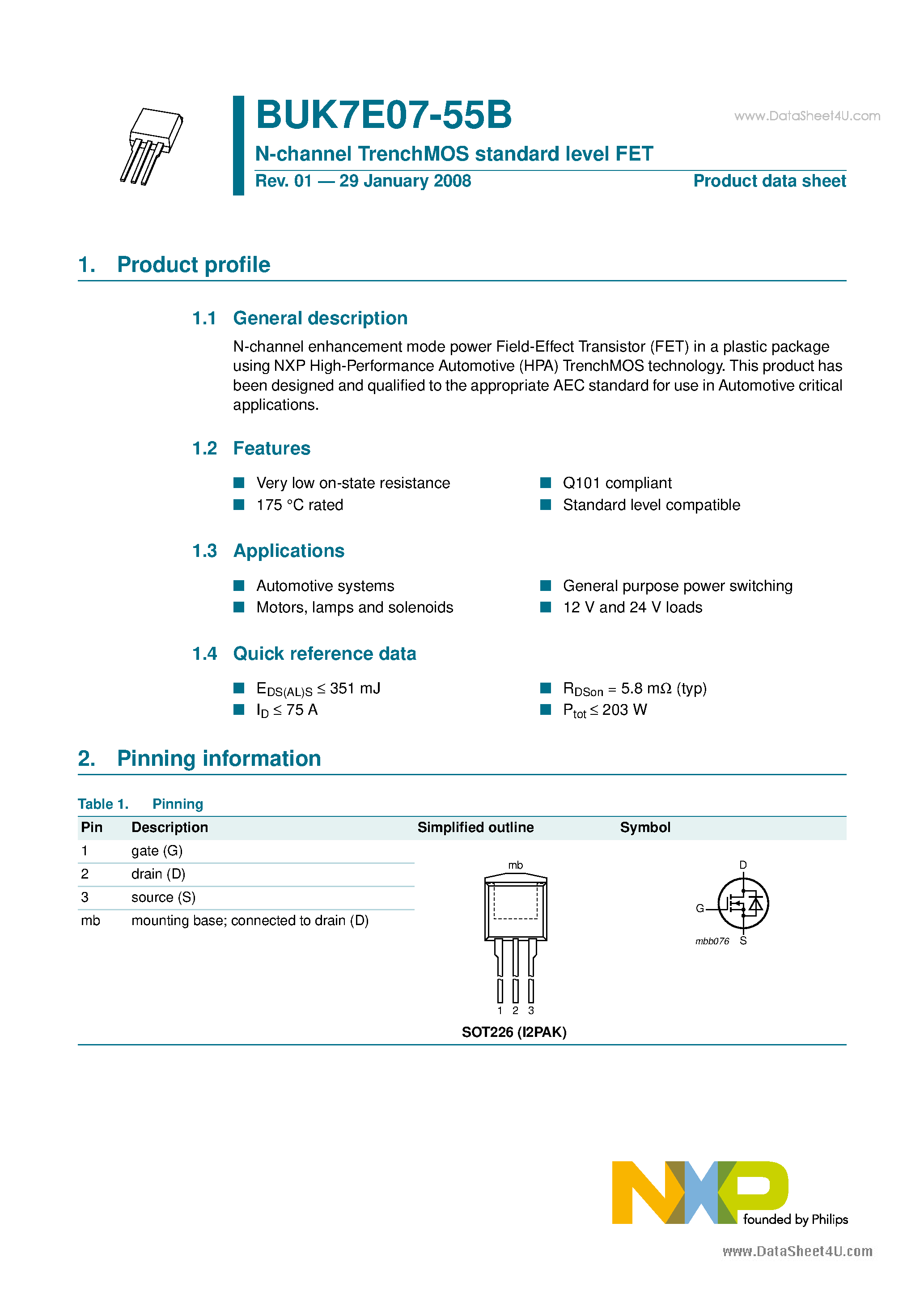 Datasheet BUK7E07-55B - N-channel TrenchMOS standard level FET page 1