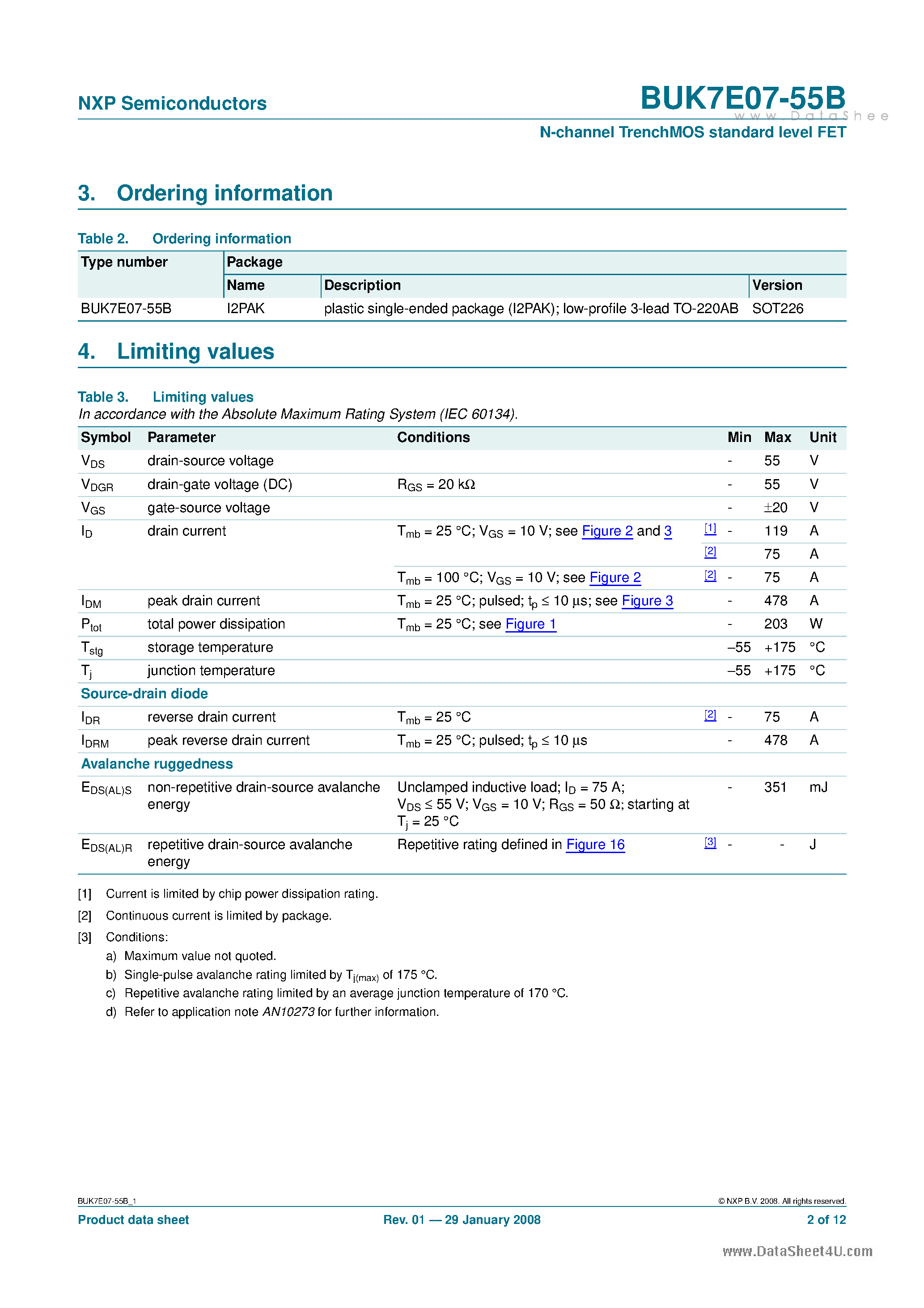 Datasheet BUK7E07-55B - N-channel TrenchMOS standard level FET page 2