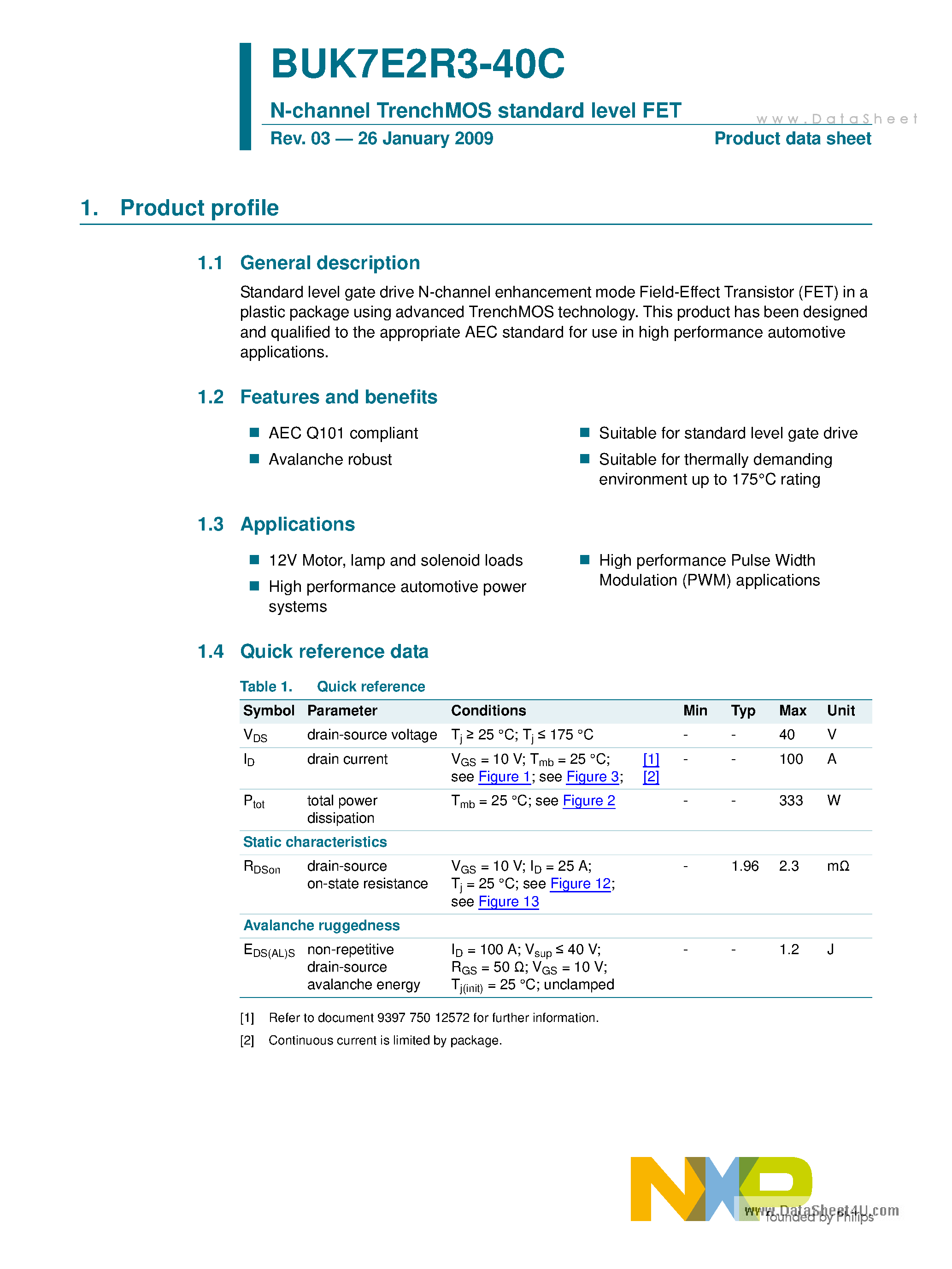 Datasheet BUK7E2R3-40C - N-channel TrenchMOS standard level FET page 1