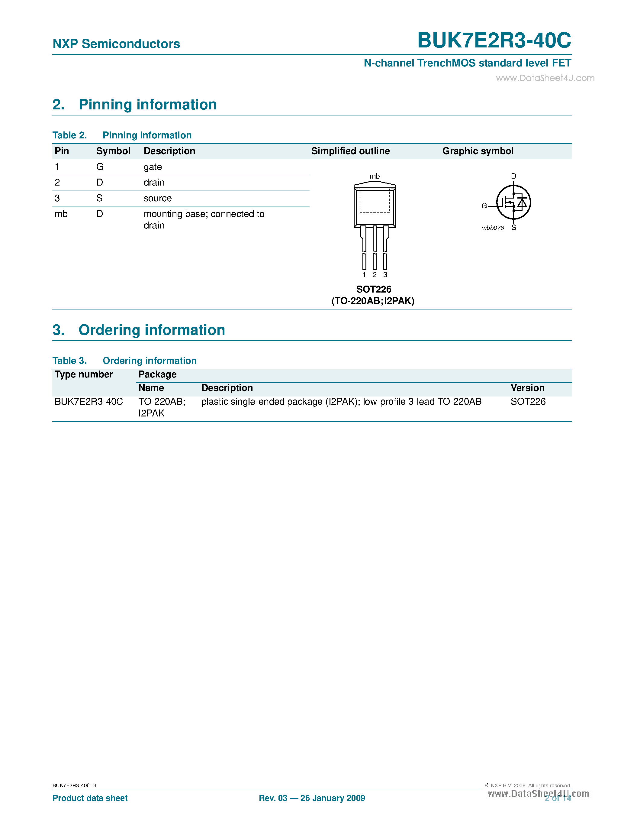 Datasheet BUK7E2R3-40C - N-channel TrenchMOS standard level FET page 2