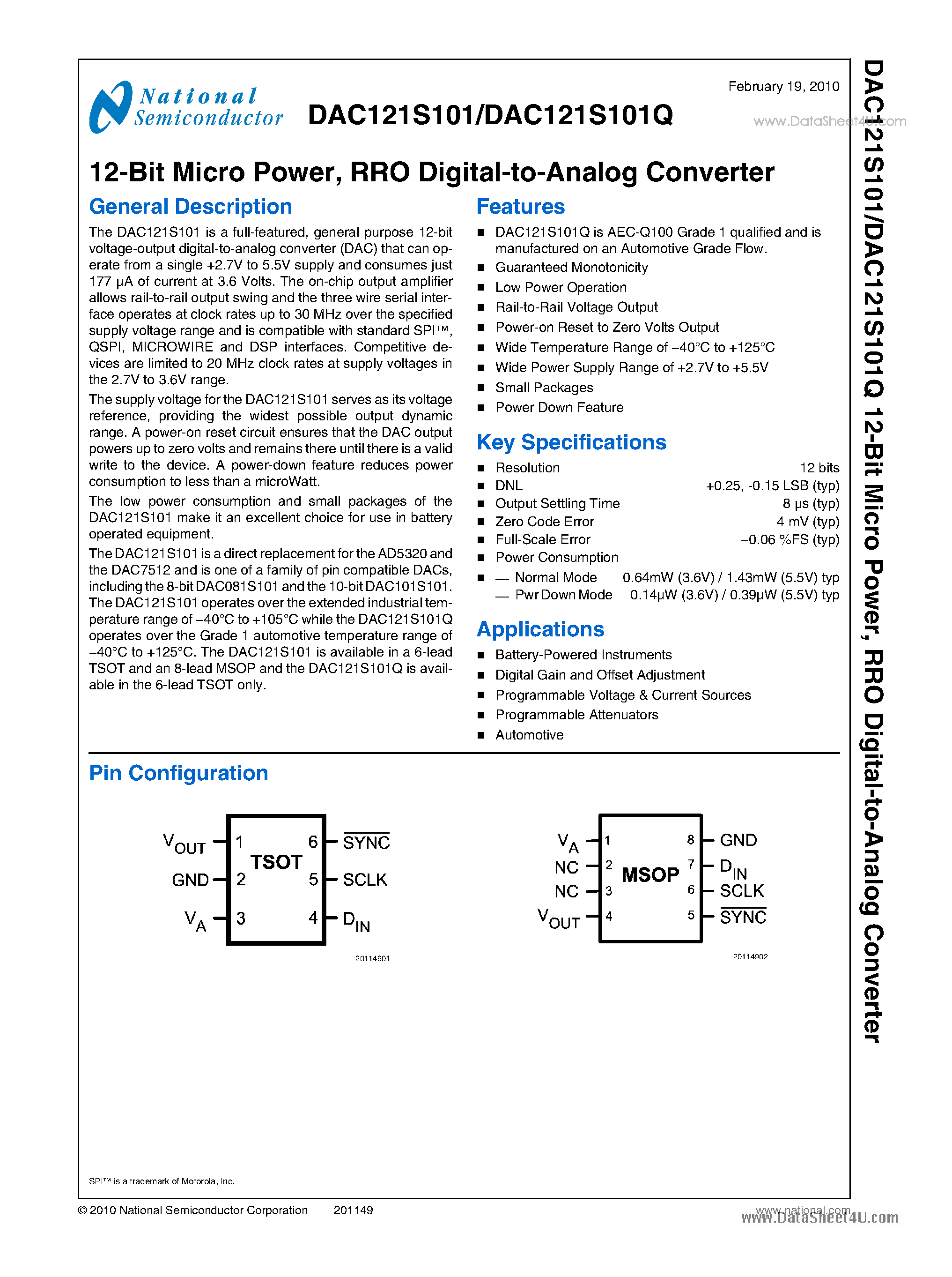 Datasheet DAC121S101Q - RRO Digital-to-Analog Converter page 1