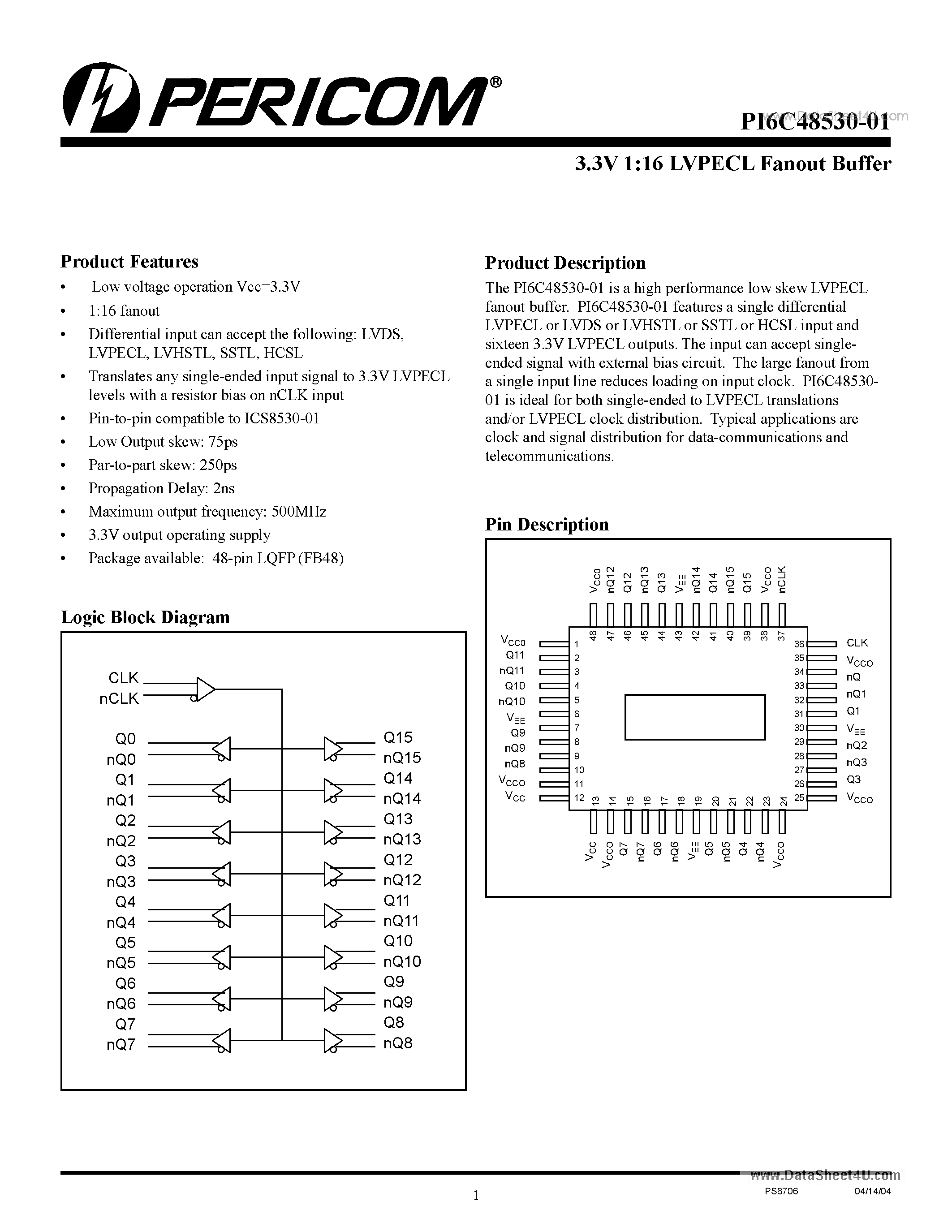 Datasheet PI6C48530-01 - 3.3V 1:16 LVPECL Fanout Buffer page 1