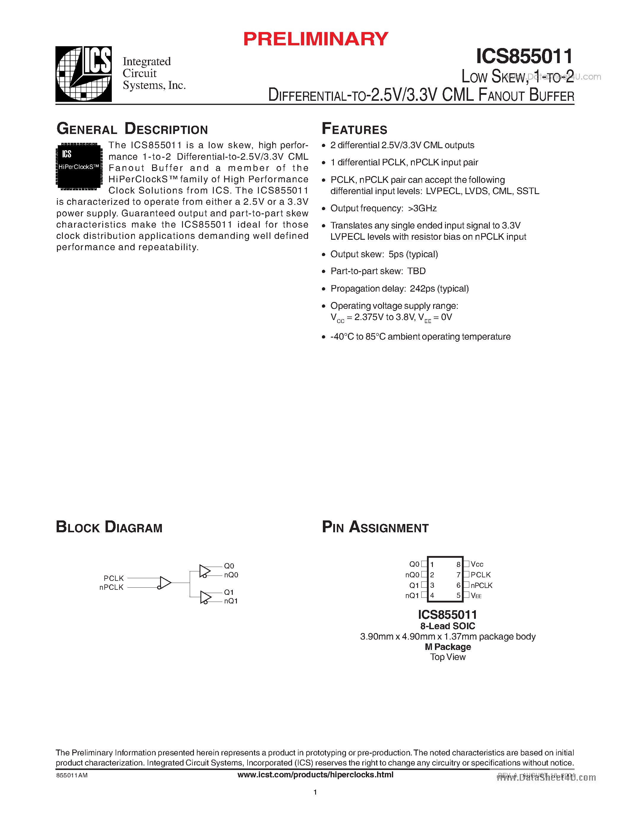 Datasheet ICS855011 - 1-to-2 Differential-to-2.5V/3.3V CML Fanout Buffer page 1