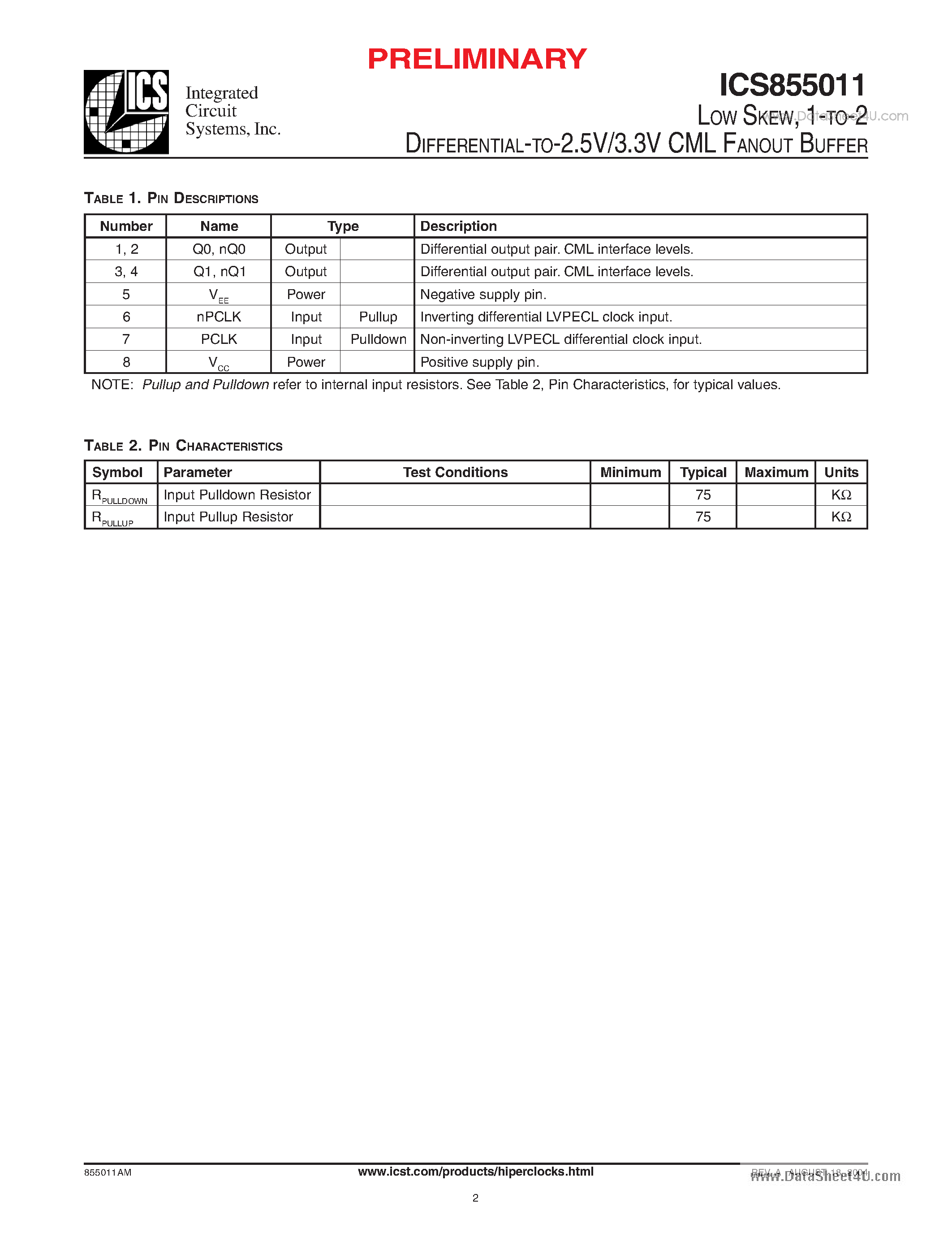 Datasheet ICS855011 - 1-to-2 Differential-to-2.5V/3.3V CML Fanout Buffer page 2