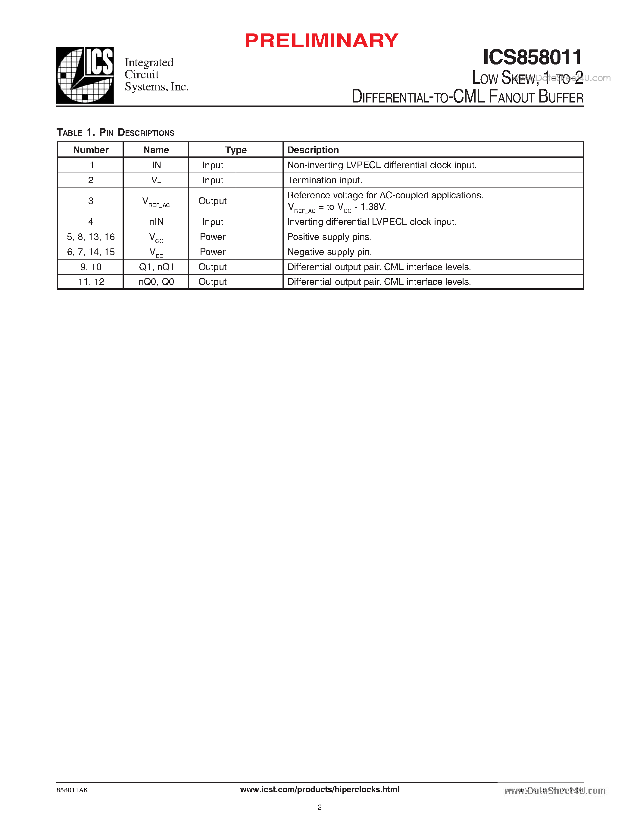 Datasheet ICS858011 - 1-TO-2 DIFFERNTIAL-TO-CML FANOUT BUFFER page 2