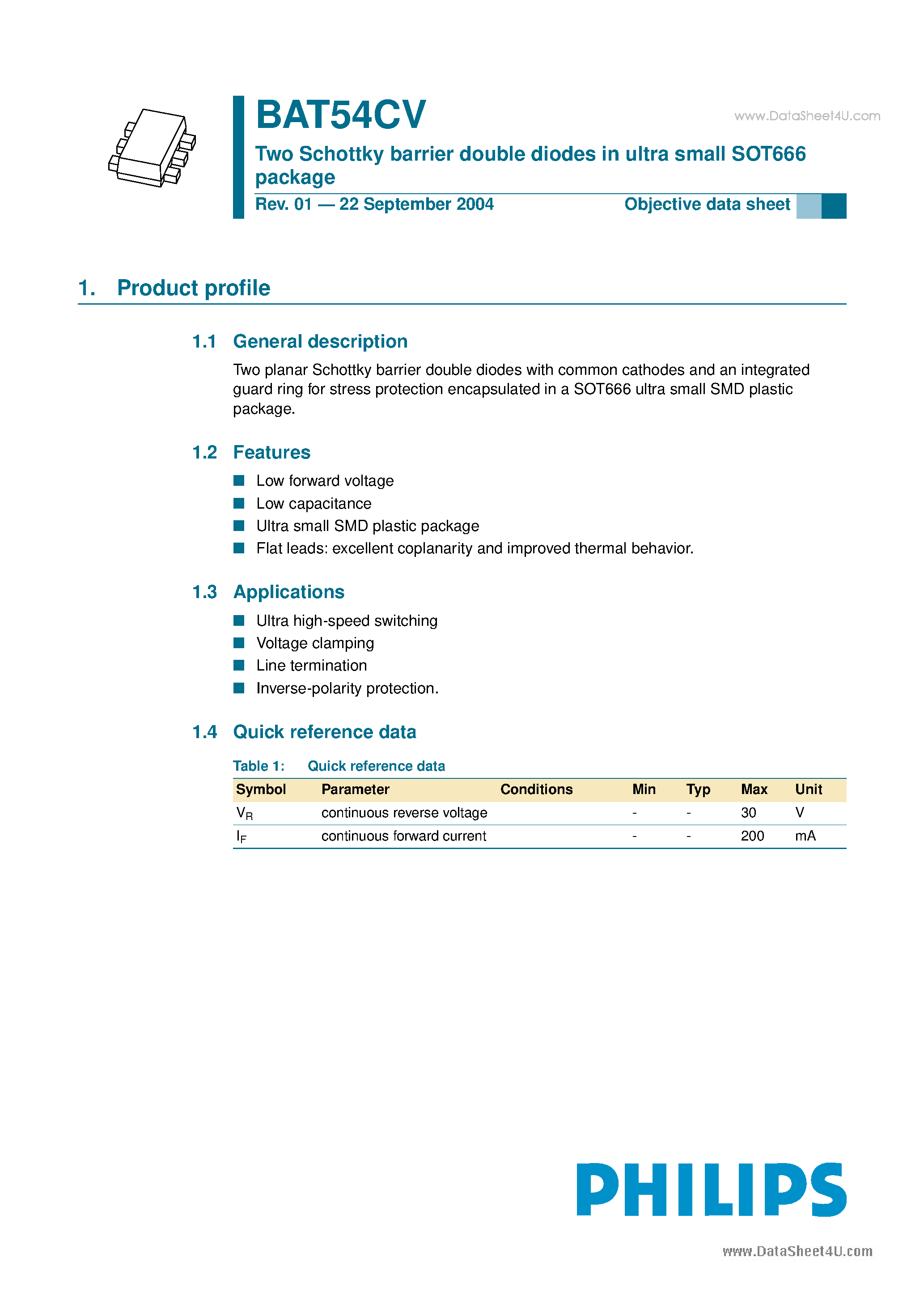 Datasheet BAT54CV page 1 Datasheet BAT54CV - Two Schottky barrier double diodes page 1