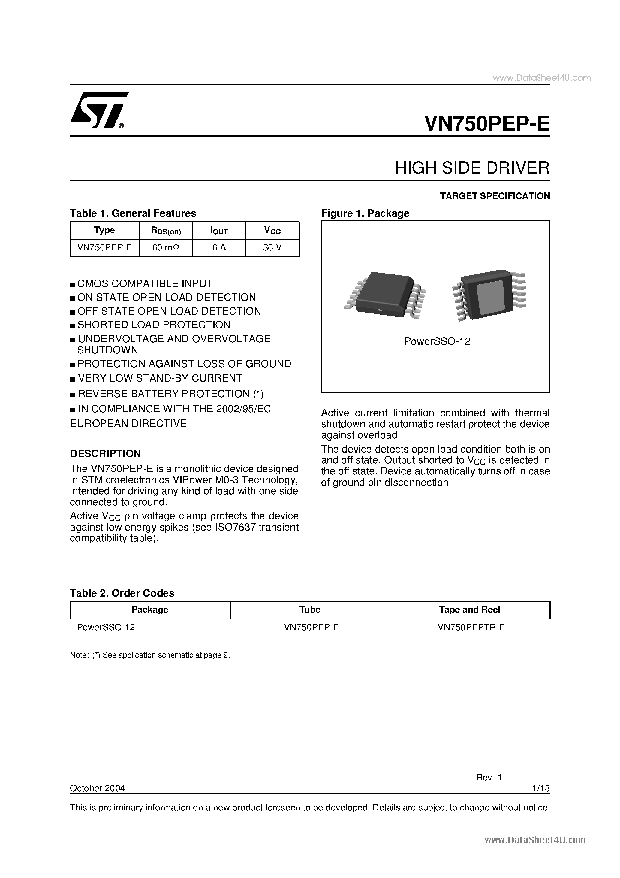 Datasheet VN750PEP-E page 1 Datasheet VN750PEP-E - HIGH SIDE DRIVER page 1