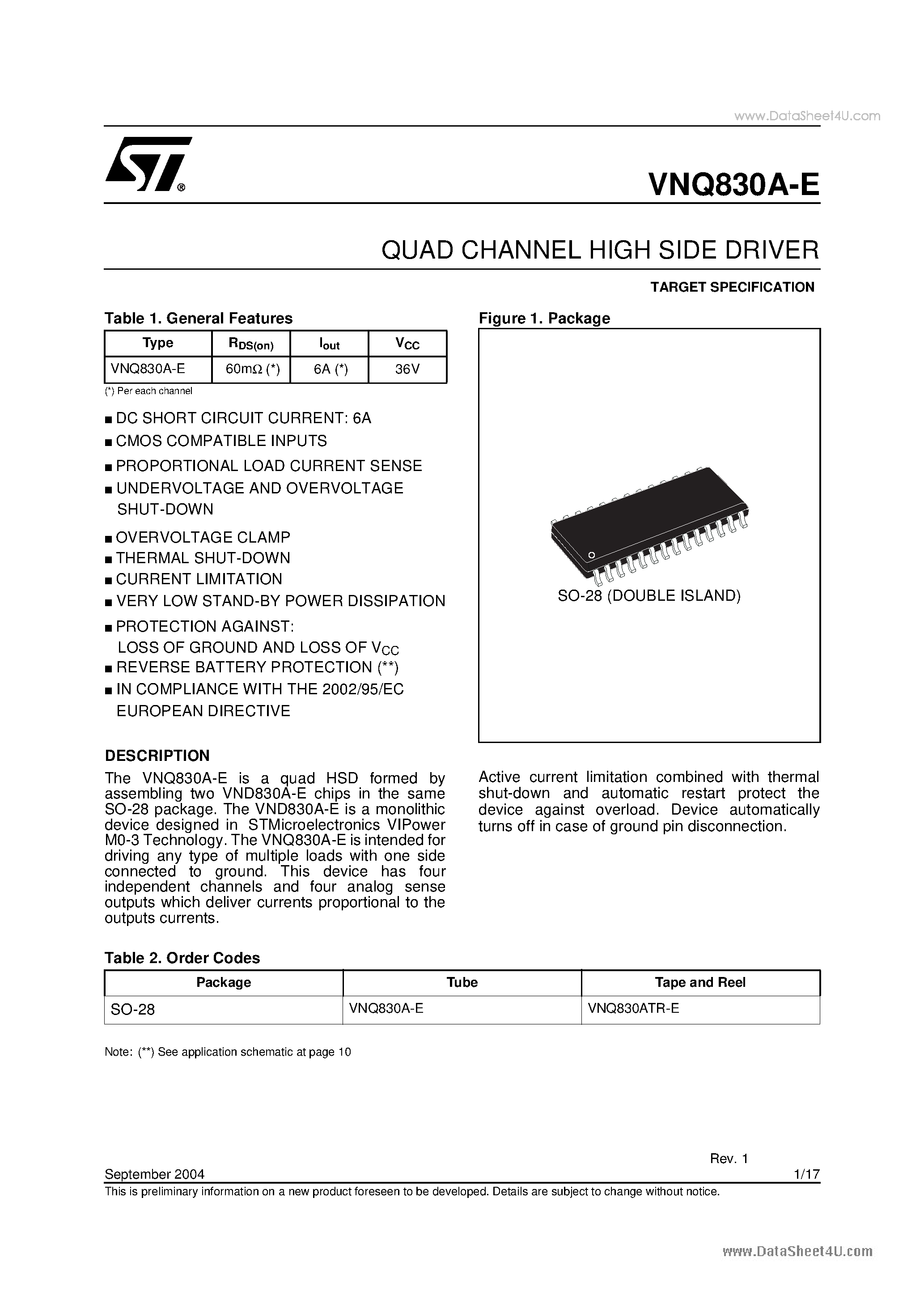Даташит VNQ830A-E - QUAD CHANNEL HIGH SIDE DRIVER страница 1
