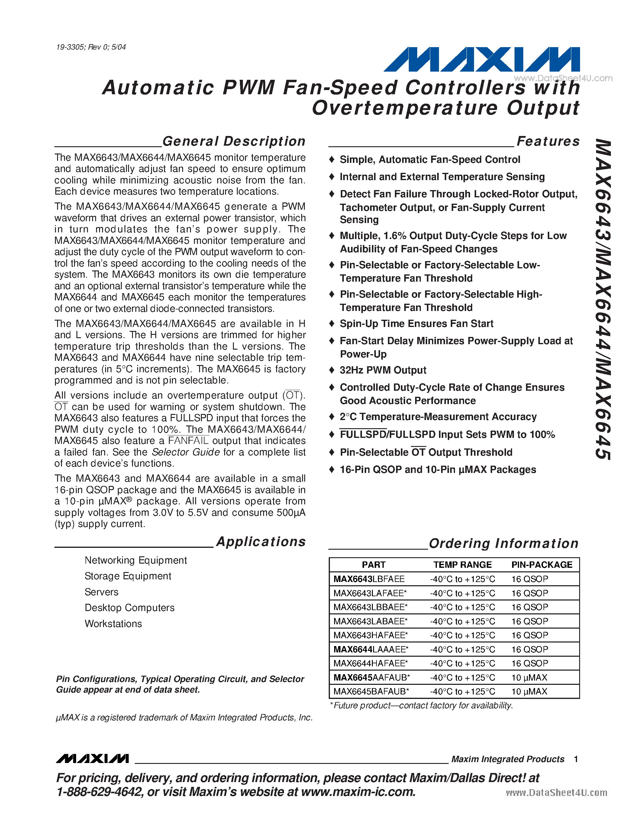 Datasheet MAX6643 - Automatic PWM Fan-Speed Controllers page 1
