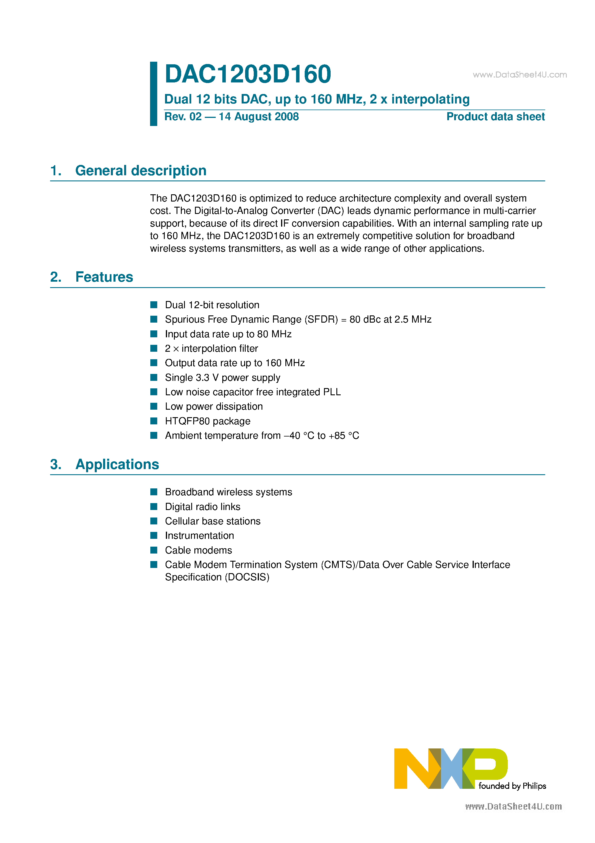 Datasheet DAC1203D160 - Dual 12 bits DAC page 1