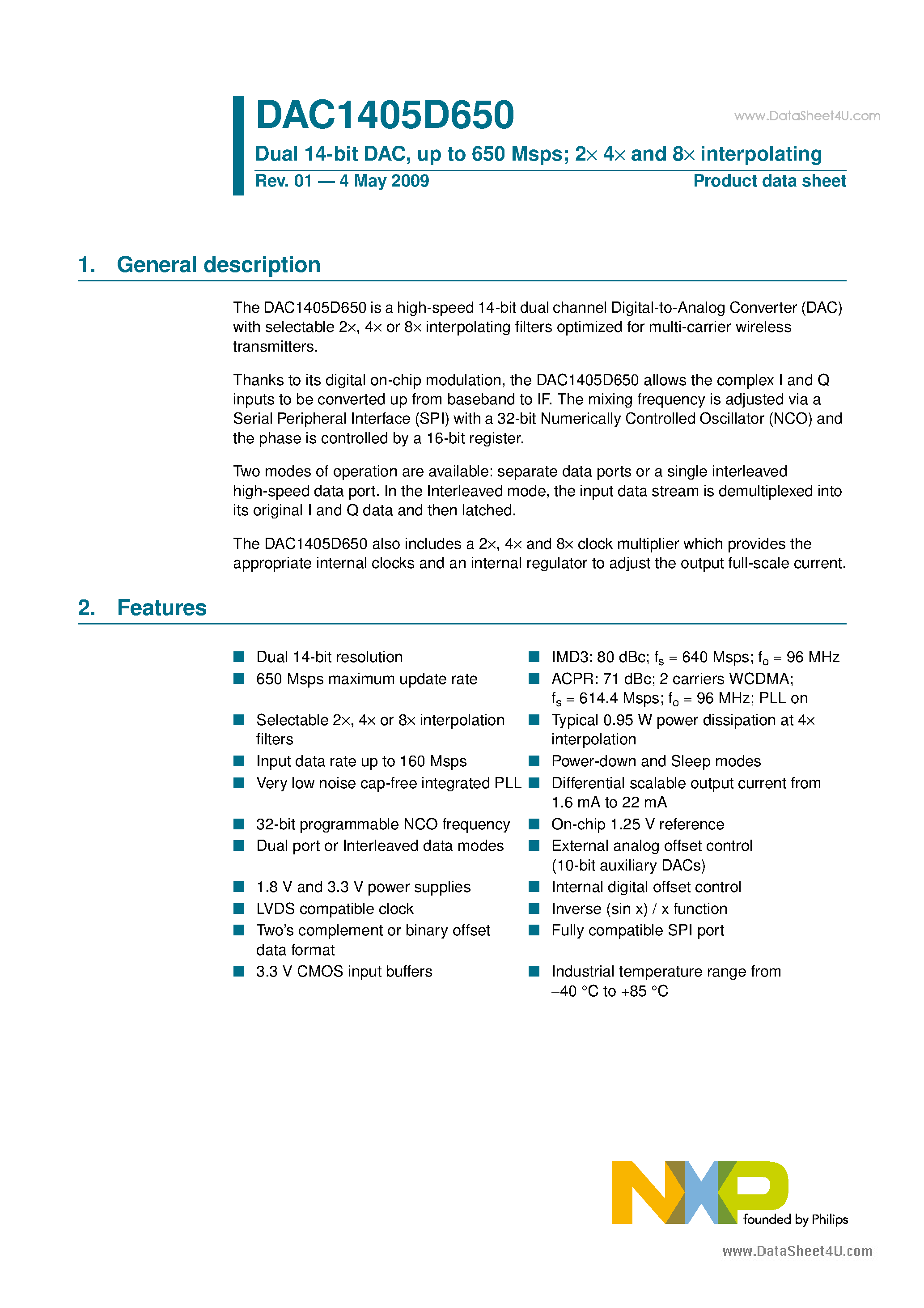 Datasheet DAC1405D650 - Dual 14-bit DAC page 1