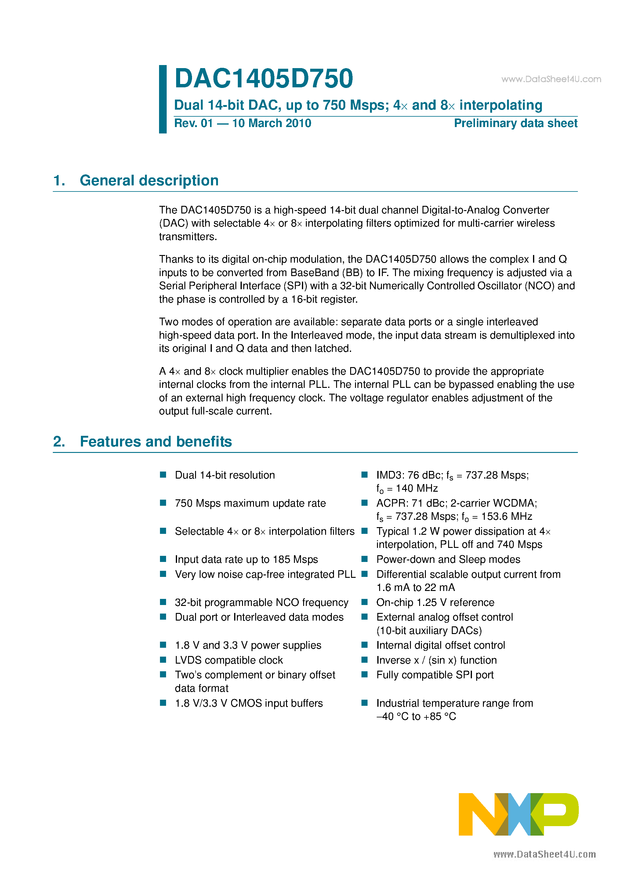 Даташит на микросхему DAC1405D750 страница 1 Даташит DAC1405D750 - Dual 14-bit DAC страница 1