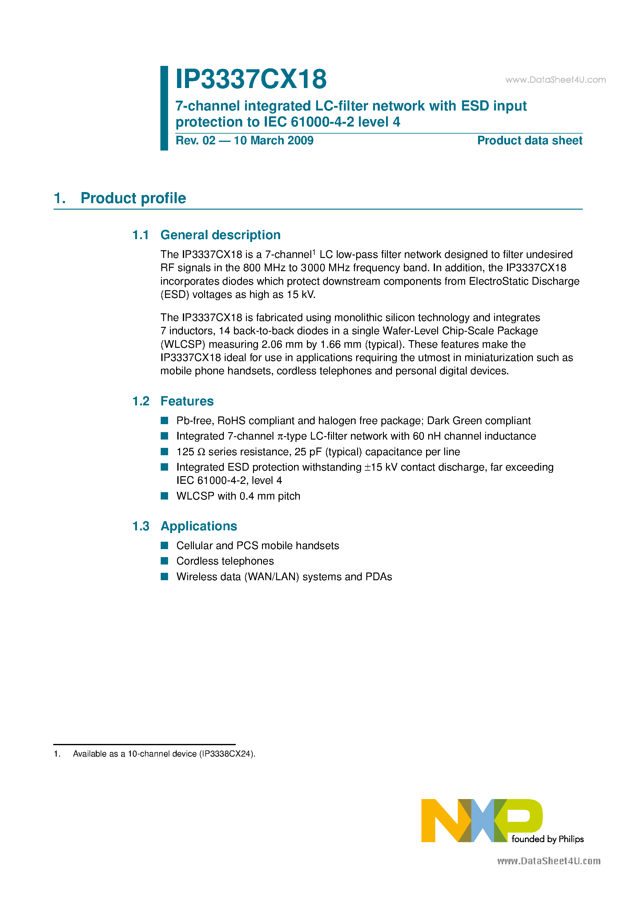Datasheet IP3337CX18 page 1 Datasheet IP3337CX18 - 7-channel integrated LC-filter network page 1