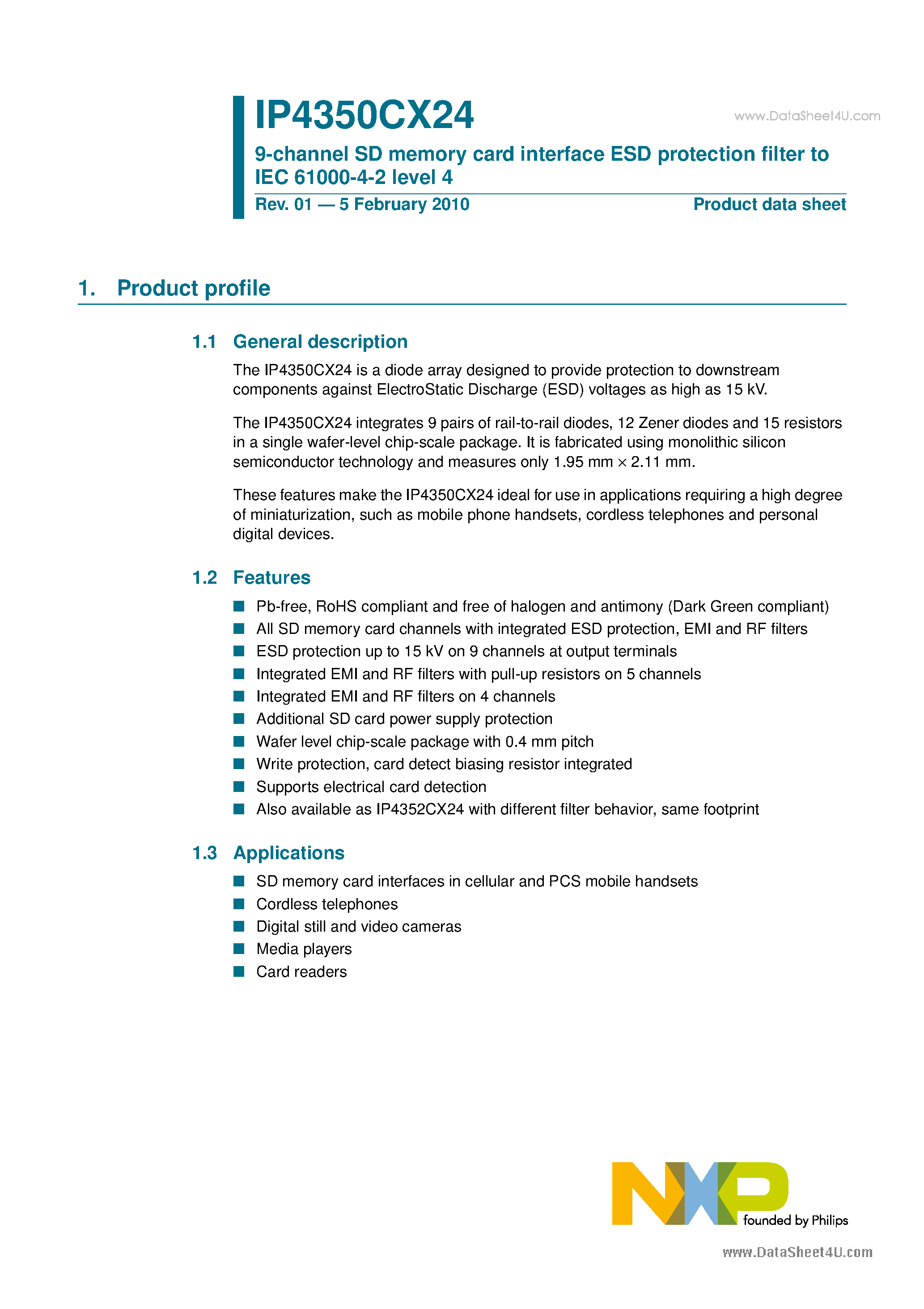 Datasheet IP4350CX24 - 9-channel SD memory card interface ESD protection filter to IEC 61000-4-2 level 4 page 1