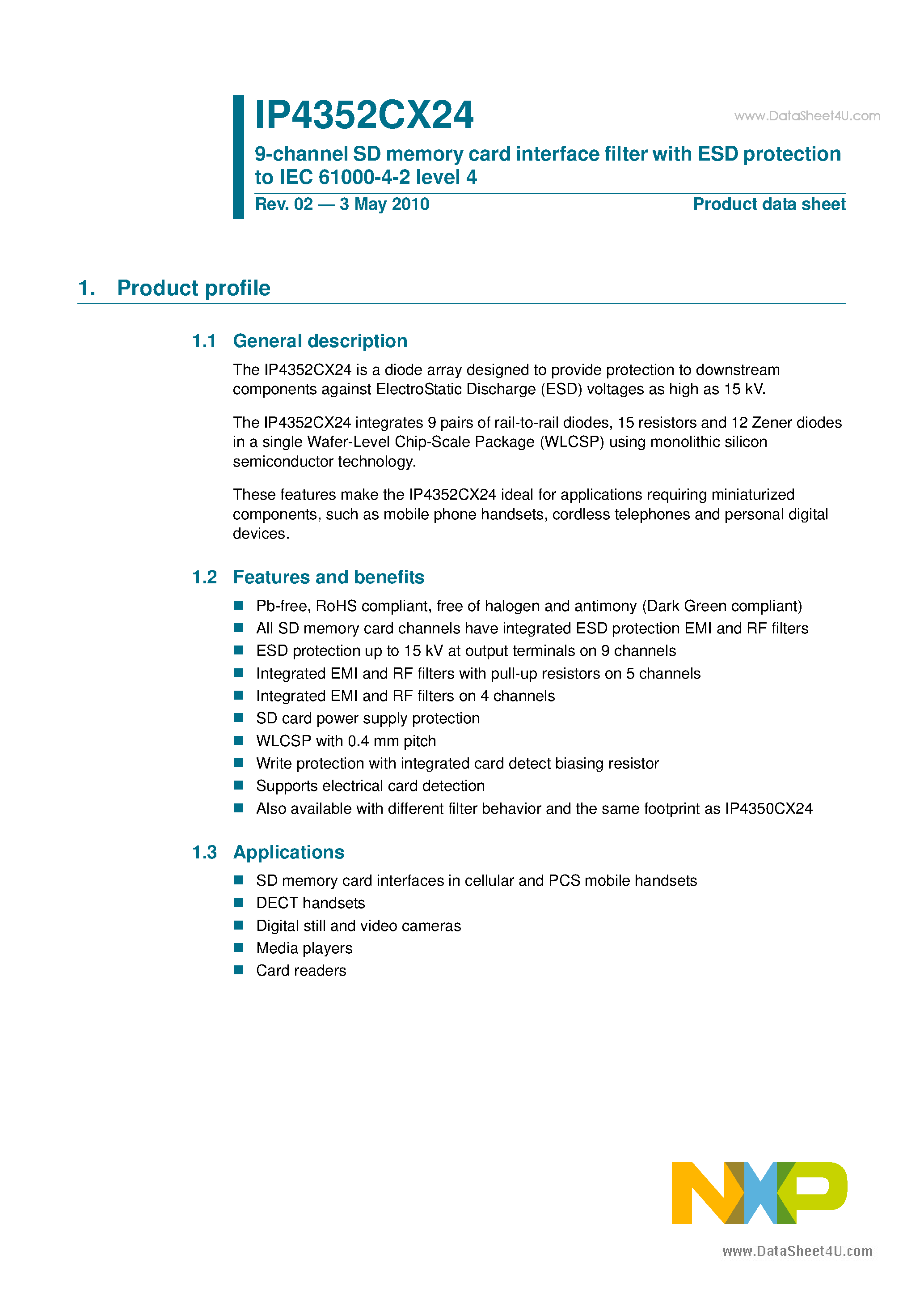 Datasheet IP4352CX24 - 9-channel SD memory card interface filter page 1