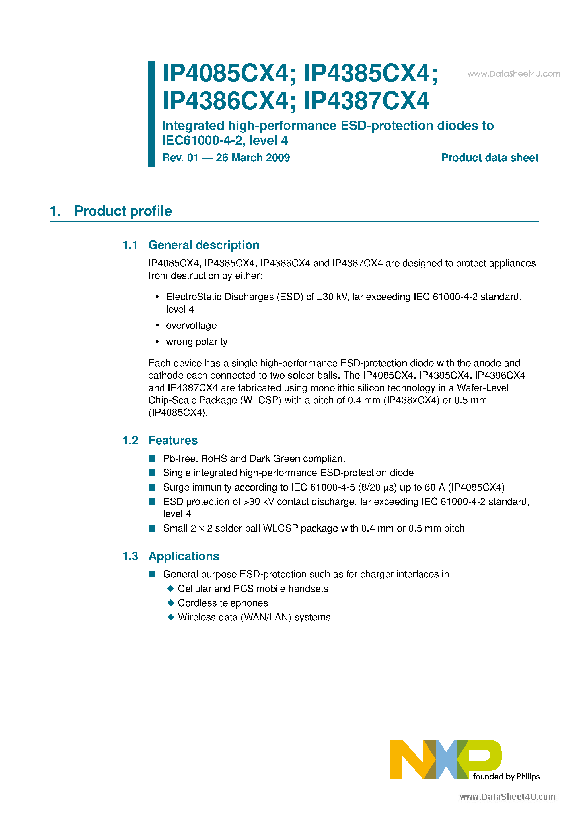 Datasheet IP4085CX4 - (IP4085CX4 - IP4387CX4) Integrated high-performance ESD-protection diodes to IEC61000-4-2 page 1