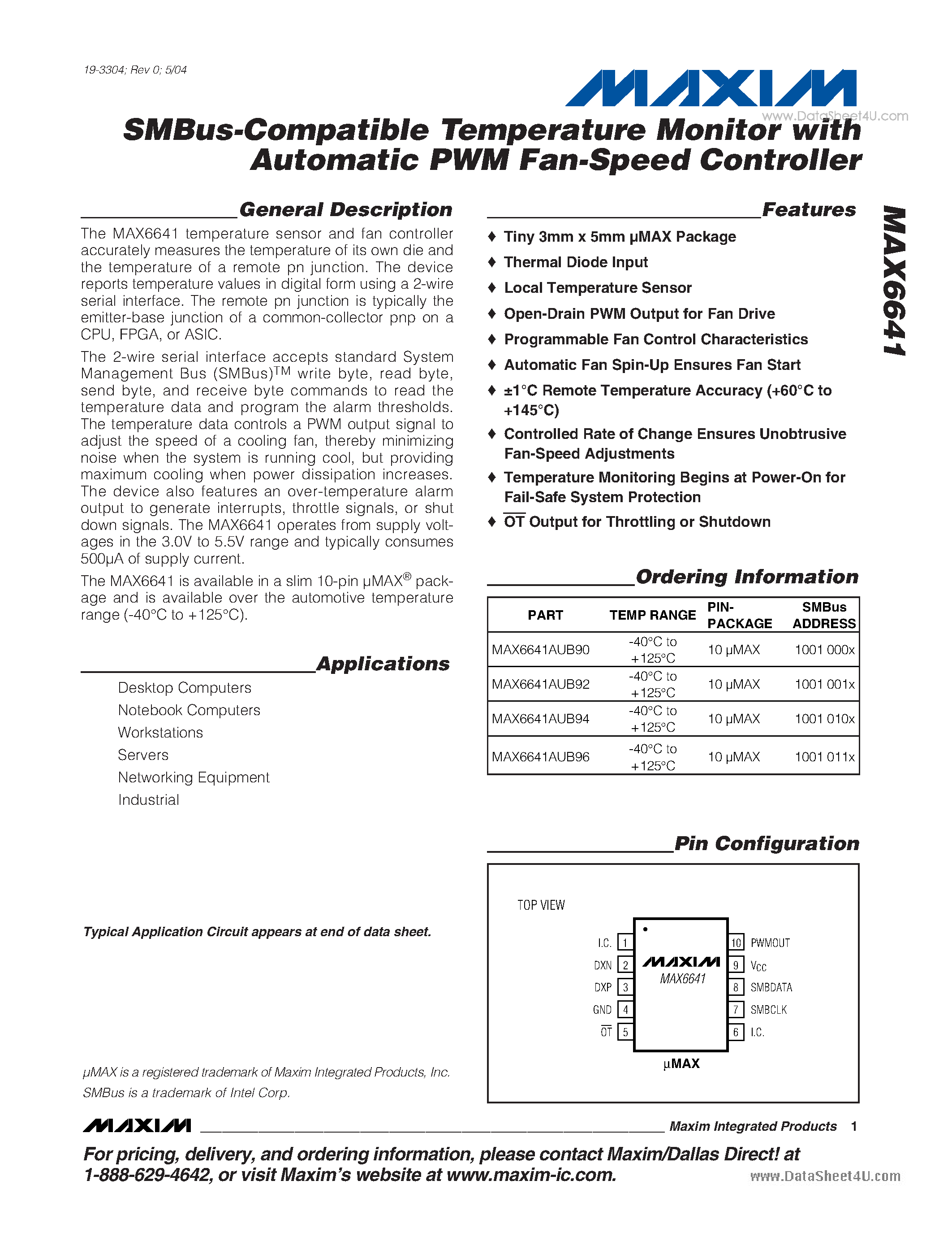 Даташит MAX6641 - SMBus-Compatible Temperature Monitor страница 1