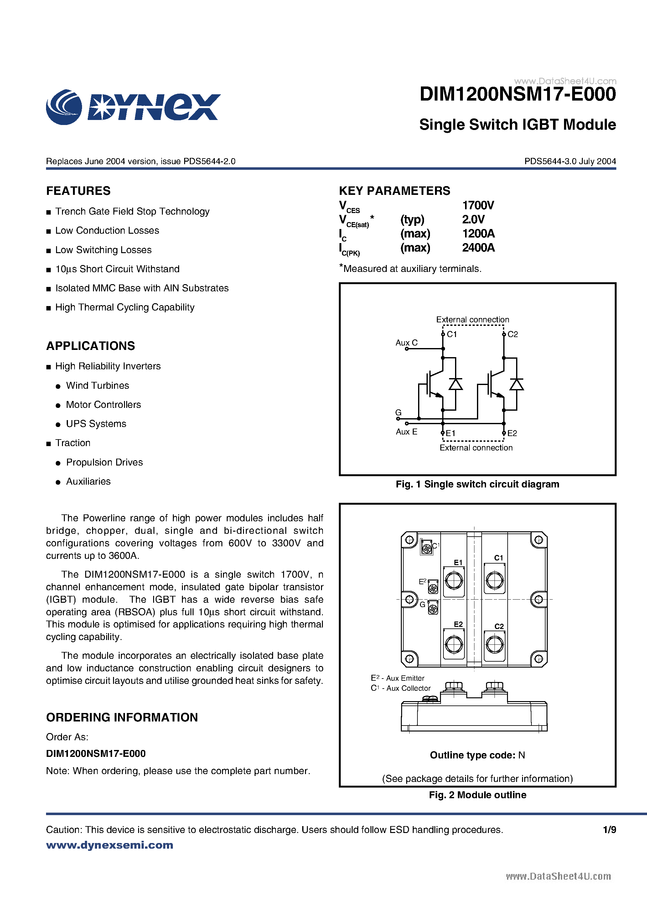 Даташит DIM1200NSM17-E000 - Single Switch IGBT Module страница 1