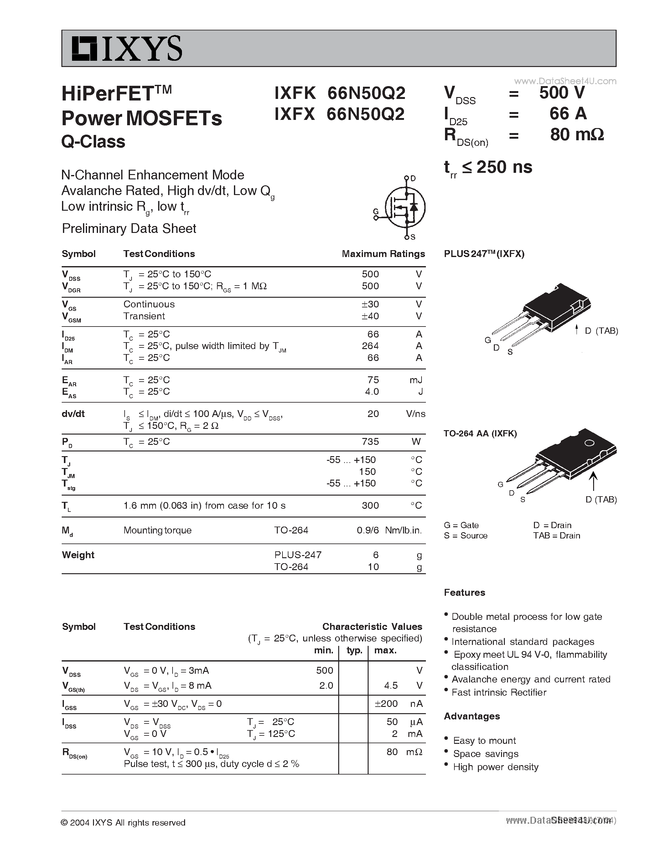 Datasheet IXFK66N50Q2 page 1 Datasheet IXFK66N50Q2 - HiPerFET Power MOSFETs Q-Class page 1