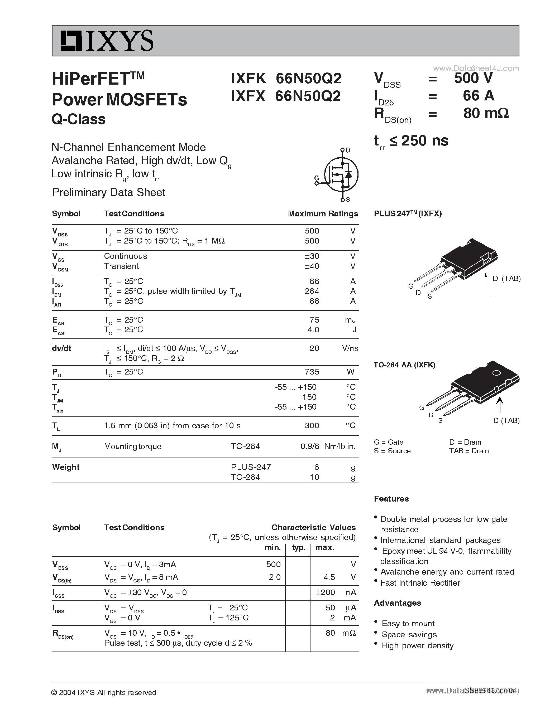 Даташит IXFK66N50Q2 - HiPerFET Power MOSFETs Q-Class страница 1