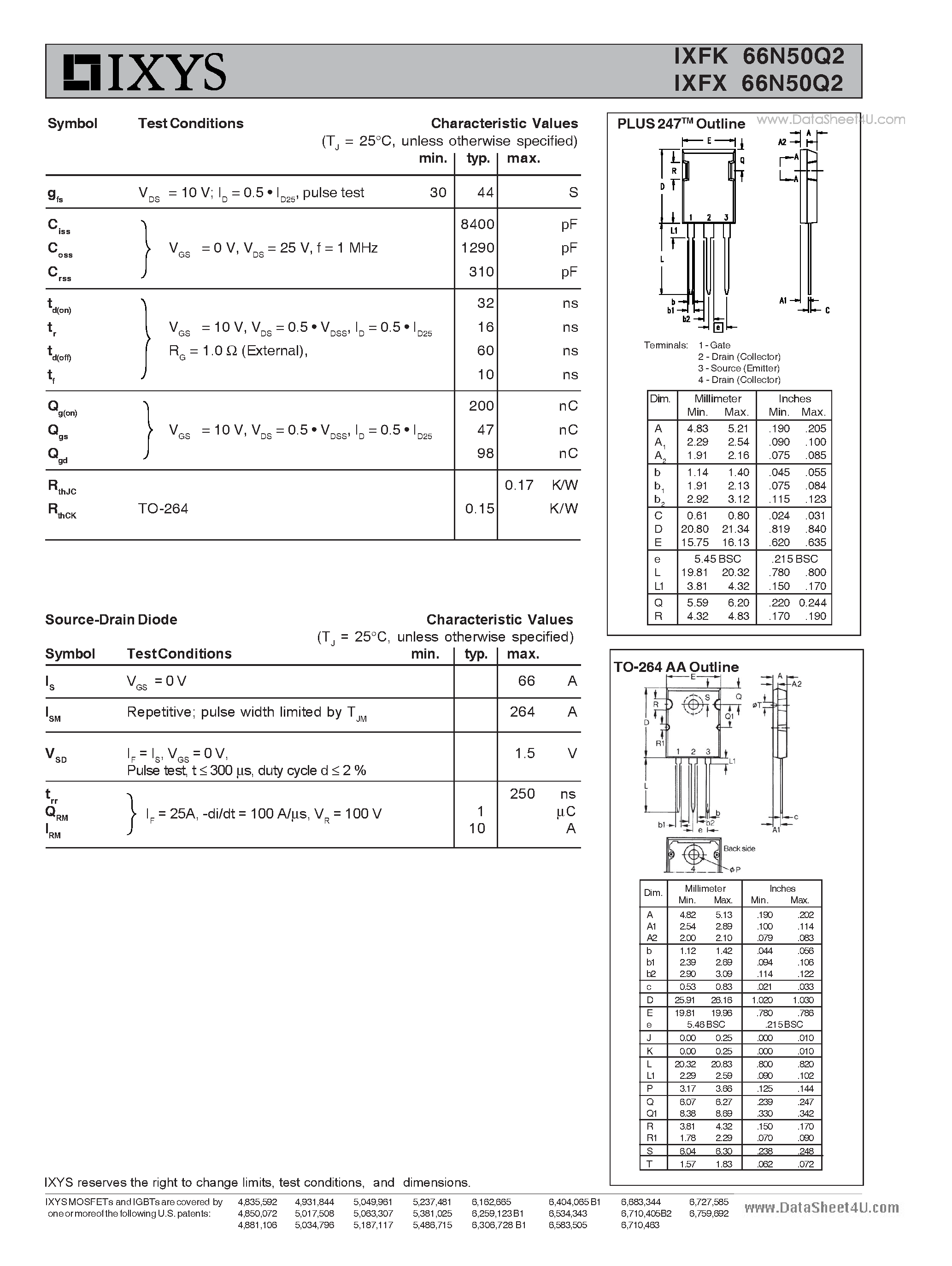 Даташит IXFK66N50Q2 - HiPerFET Power MOSFETs Q-Class страница 2