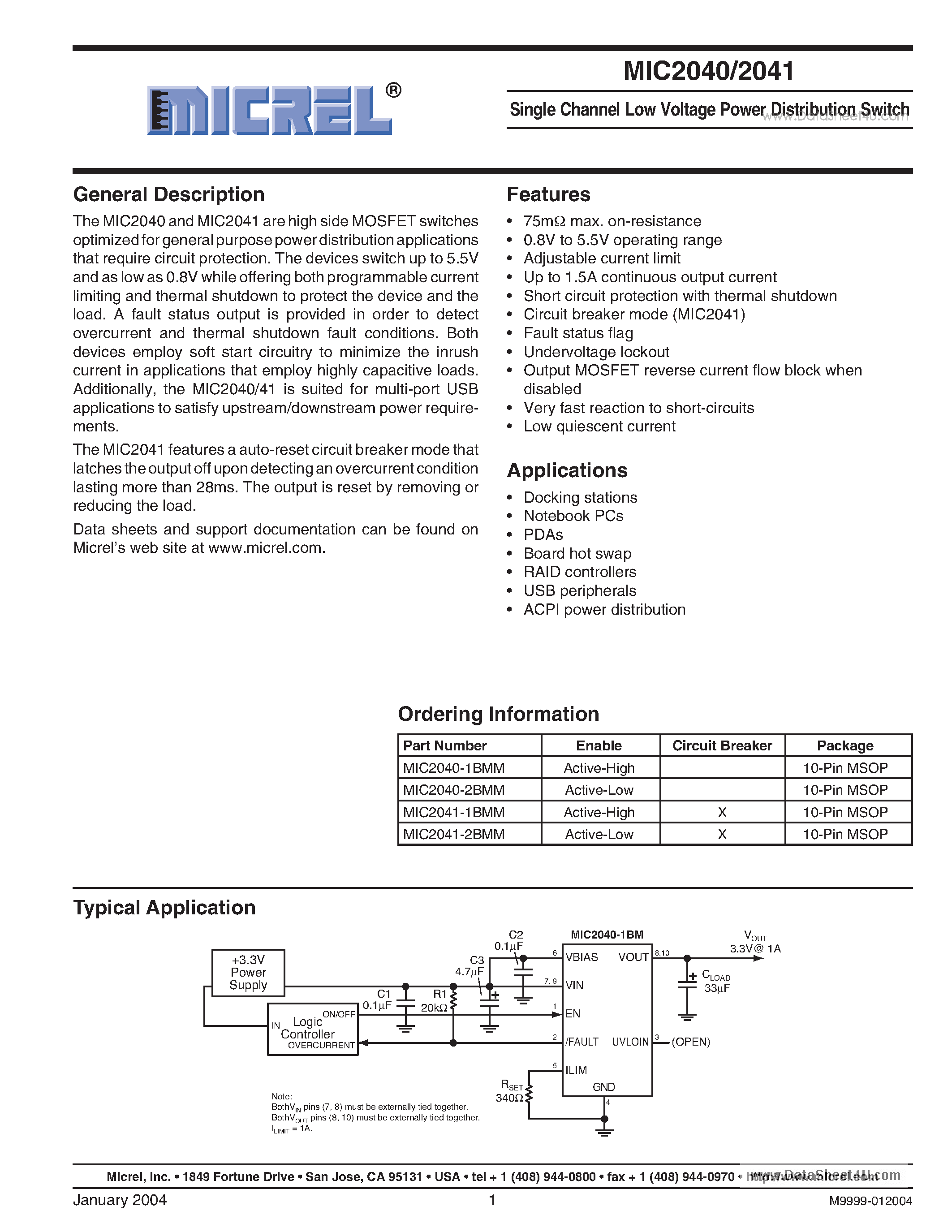 Datasheet MIC2040 - Single Channel Low Voltage Power Distribution Switch page 1