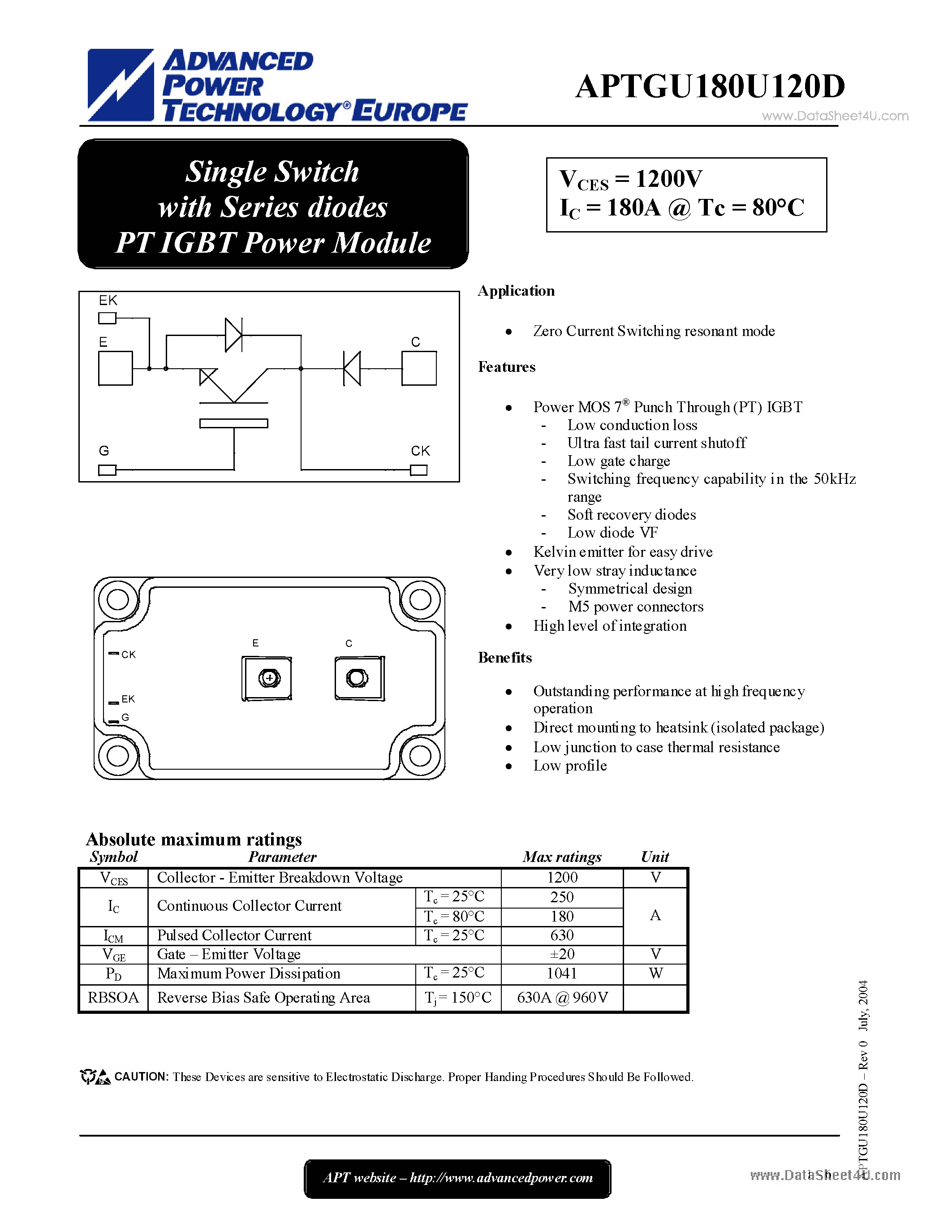 Даташит на микросхему APTGU180U120D страница 1 Даташит APTGU180U120D - Single Switch страница 1