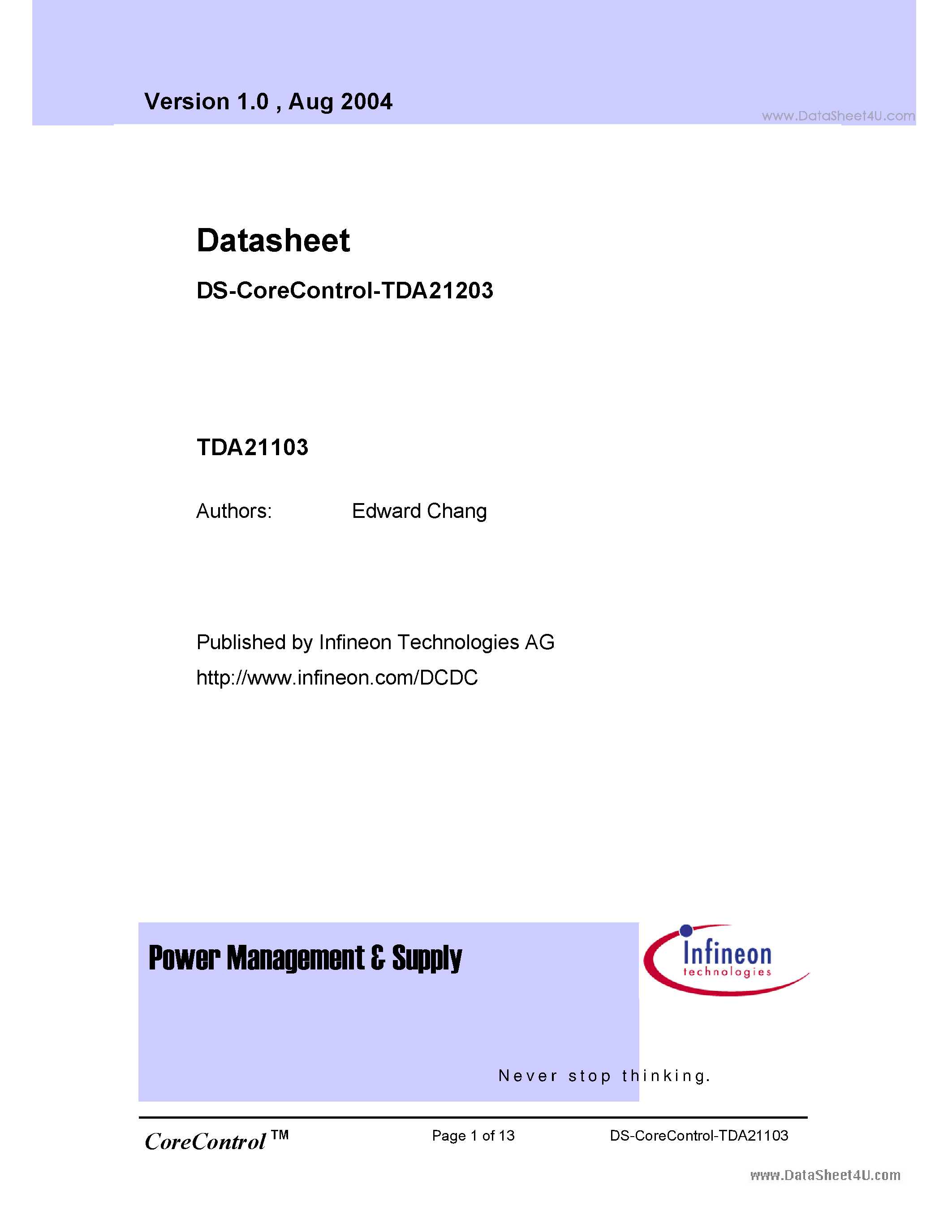 Datasheet TDA21103 page 1 Datasheet TDA21103 - High speed Driver page 1