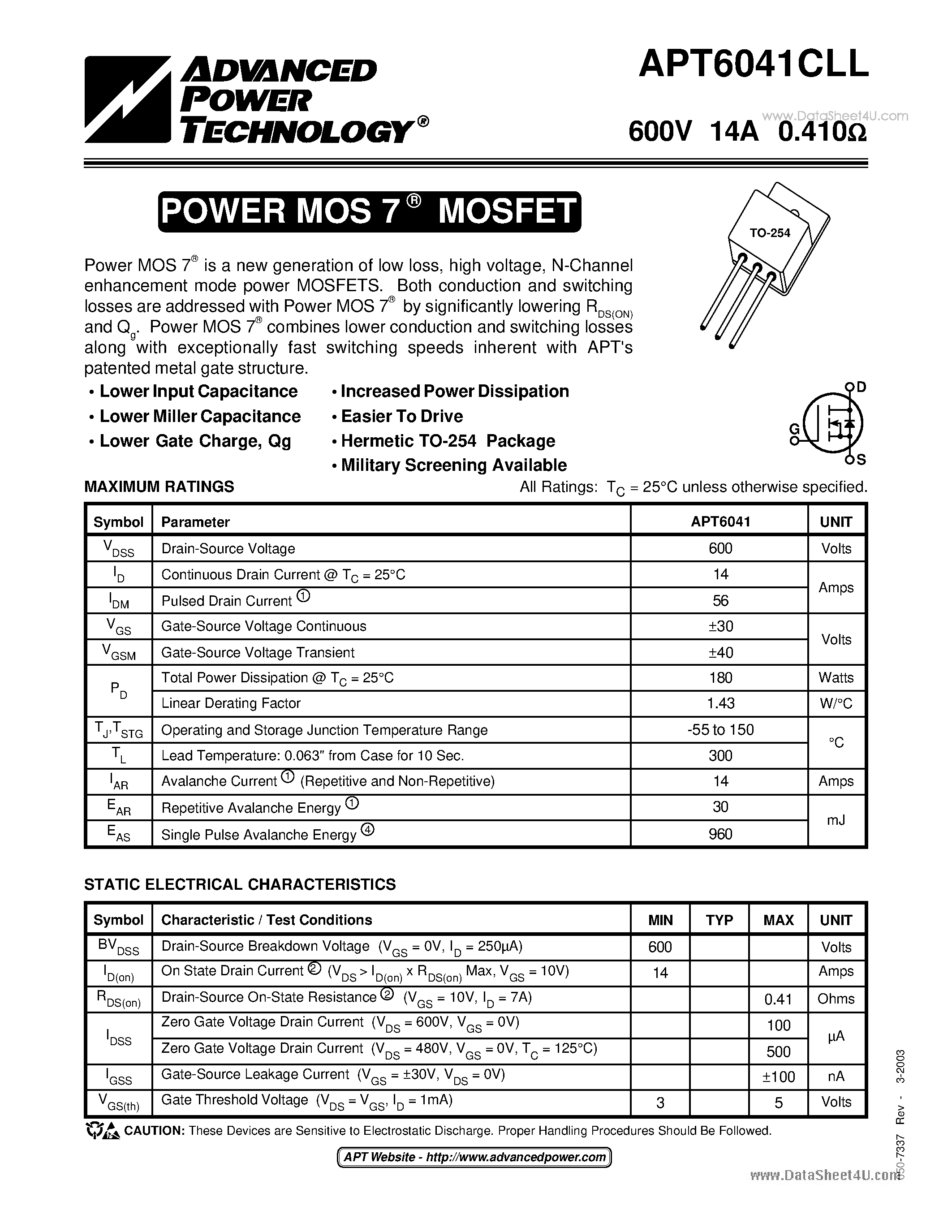 Datasheet APT6041CLL - POWER MOS 7 MOSFET page 1